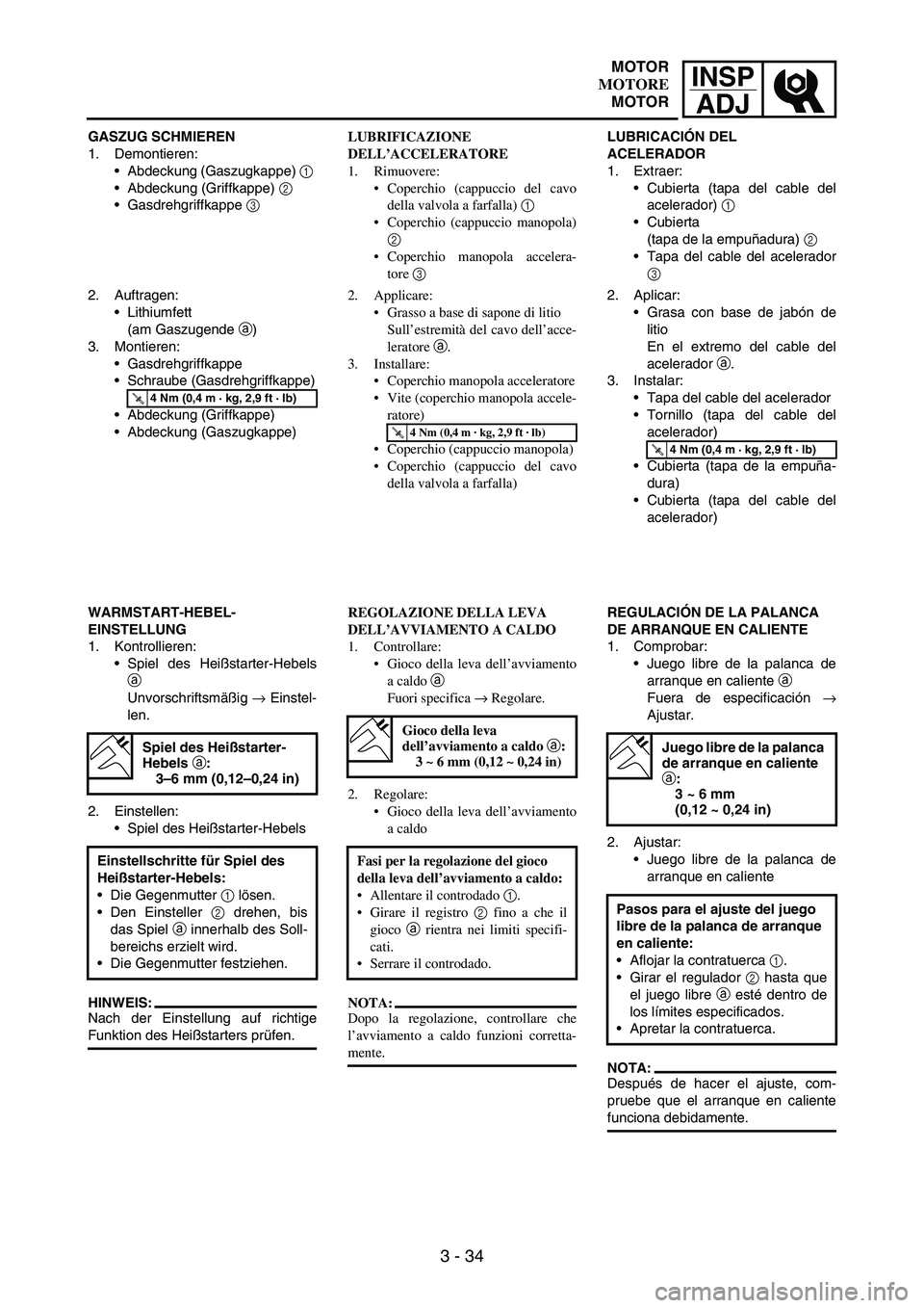 YAMAHA WR 250F 2004 Owners Manual INSP
ADJ
3 - 34
GASZUG SCHMIEREN
1. Demontieren:
Abdeckung (Gaszugkappe)
1
Abdeckung (Griffkappe)
2
Gasdrehgriffkappe
3
2. Auftragen:
Lithiumfett
(am Gaszugende
a)
3. Montieren:
Gasdrehgri YAMAHA WR 250F 2004 Owners Manual INSP
ADJ
3 - 34
GASZUG SCHMIEREN
1. Demontieren:
Abdeckung (Gaszugkappe)
1
Abdeckung (Griffkappe)
2
Gasdrehgriffkappe
3
2. Auftragen:
Lithiumfett
(am Gaszugende
a)
3. Montieren:
Gasdrehgri