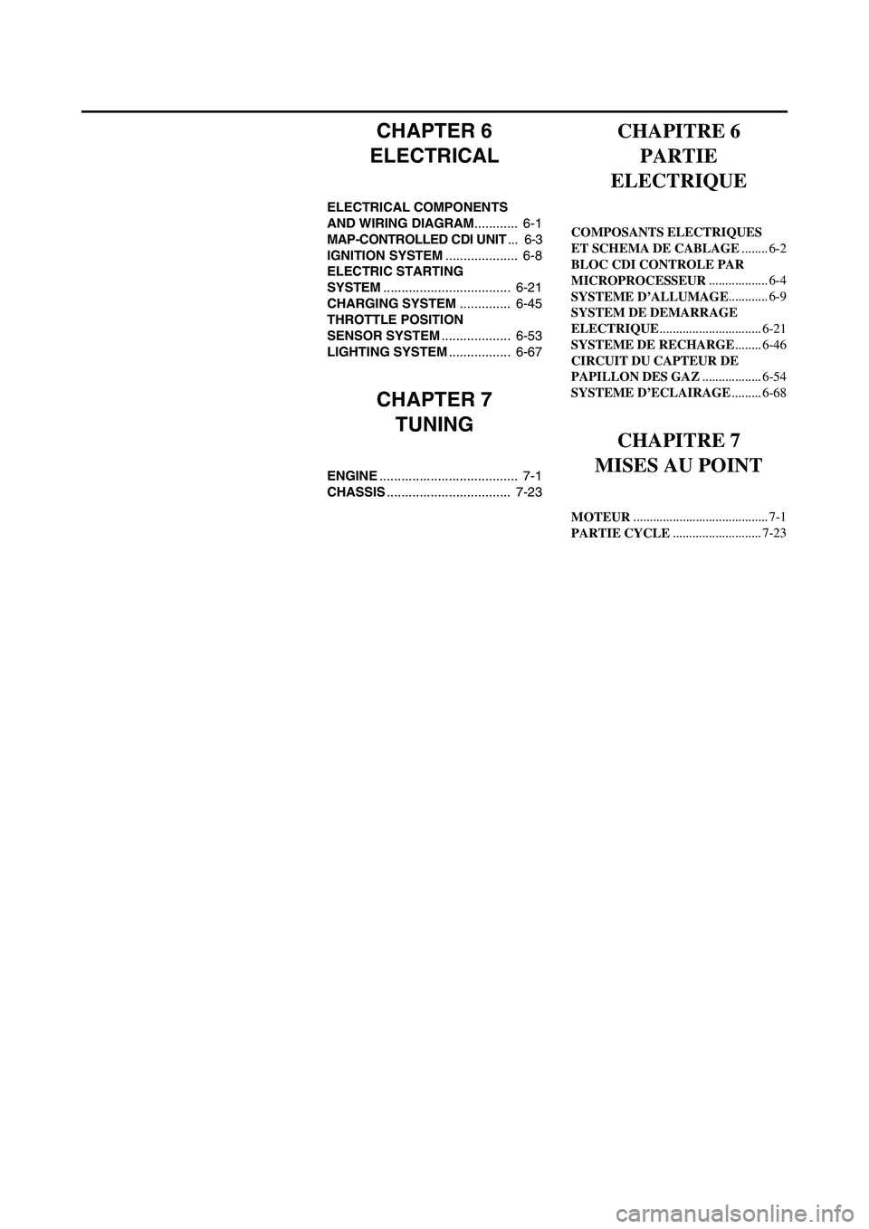 YAMAHA WR 250F 2004  Manuale de Empleo (in Spanish) CHAPTER 6
ELECTRICAL
ELECTRICAL COMPONENTS 
AND WIRING DIAGRAM............  6-1
MAP-CONTROLLED CDI UNIT...  6-3
IGNITION SYSTEM....................  6-8
ELECTRIC STARTING 
SYSTEM......................