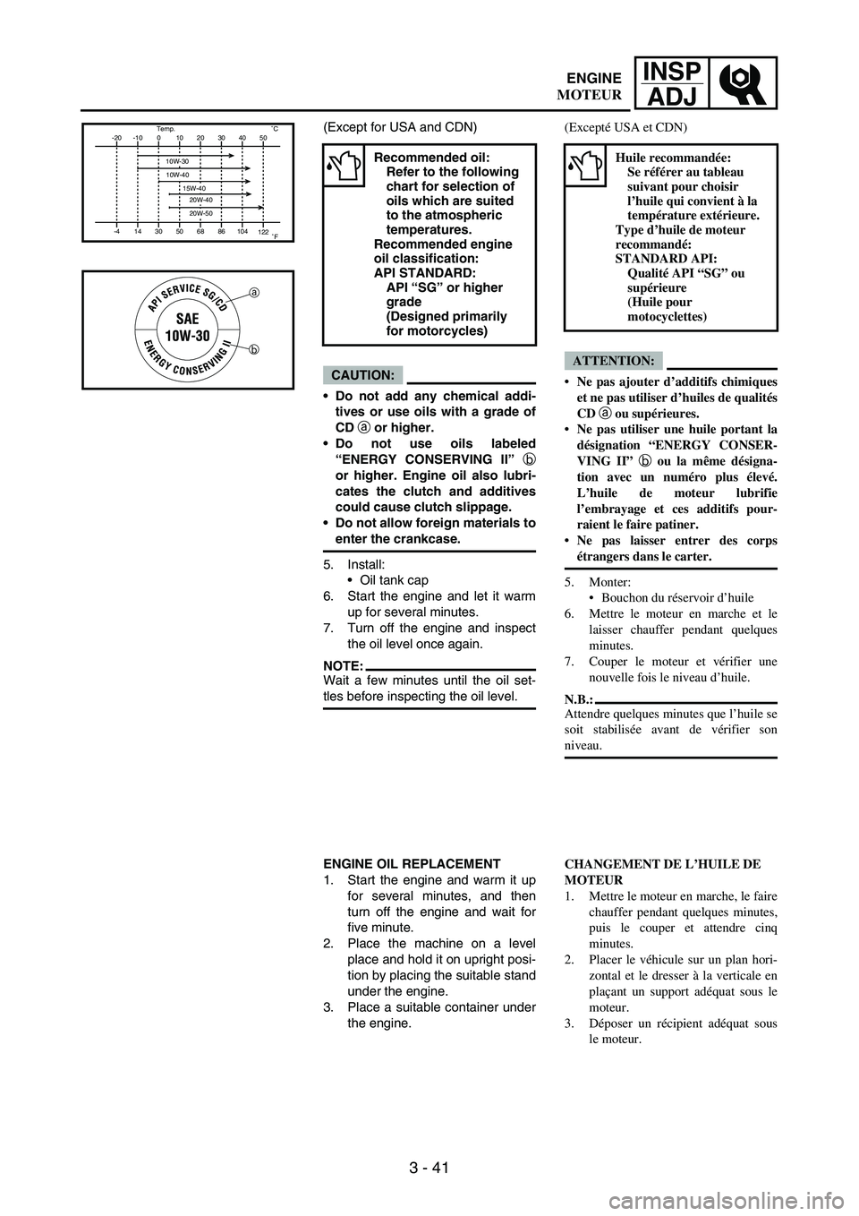 YAMAHA WR 250F 2004 Manuale duso (in Italian) 3 - 41
INSP
ADJ
(Except for USA and CDN)
CAUTION:
Do not add any chemical addi-
tives or use oils with a grade of
CD a or higher.
Do not use oils labeled
“ENERGY CONSERVING II” b
or higher. Engi YAMAHA WR 250F 2004 Manuale duso (in Italian) 3 - 41
INSP
ADJ
(Except for USA and CDN)
CAUTION:
Do not add any chemical addi-
tives or use oils with a grade of
CD a or higher.
Do not use oils labeled
“ENERGY CONSERVING II” b
or higher. Engi