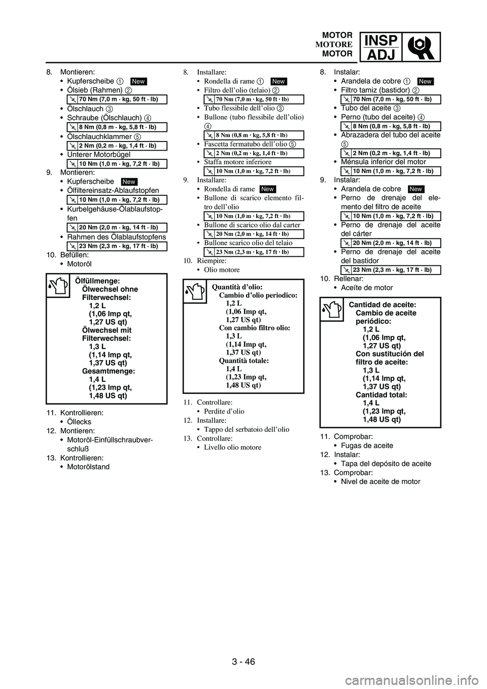 YAMAHA WR 250F 2004 Owners Manual INSP
ADJ
3 - 46
8. Montieren:
Kupferscheibe
1
Ölsieb (Rahmen)
2
Ölschlauch
3
Schraube (Ölschlauch)
4
Ölschlauchklammer
5
Unterer Motorbügel
9. Montieren:
Kupferscheibe
Ölfilte YAMAHA WR 250F 2004 Owners Manual INSP
ADJ
3 - 46
8. Montieren:
Kupferscheibe
1
Ölsieb (Rahmen)
2
Ölschlauch
3
Schraube (Ölschlauch)
4
Ölschlauchklammer
5
Unterer Motorbügel
9. Montieren:
Kupferscheibe
Ölfilte