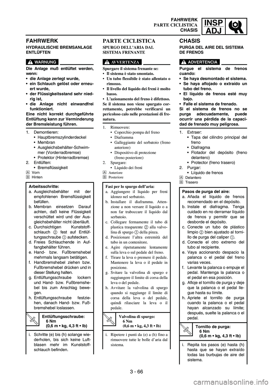 YAMAHA WR 250F 2004 Owners Manual INSP
ADJ
3 - 66
FAHRWERK
HYDRAULISCHE BREMSANLAGE
ENTLÜFTEN
WARNUNG
Die Anlage muß entlüftet werden,
wenn:
die Anlage zerlegt wurde,
ein Schlauch gelöst oder erneu-
ert wurde,
der Flüssigkeit YAMAHA WR 250F 2004 Owners Manual INSP
ADJ
3 - 66
FAHRWERK
HYDRAULISCHE BREMSANLAGE
ENTLÜFTEN
WARNUNG
Die Anlage muß entlüftet werden,
wenn:
die Anlage zerlegt wurde,
ein Schlauch gelöst oder erneu-
ert wurde,
der Flüssigkeit