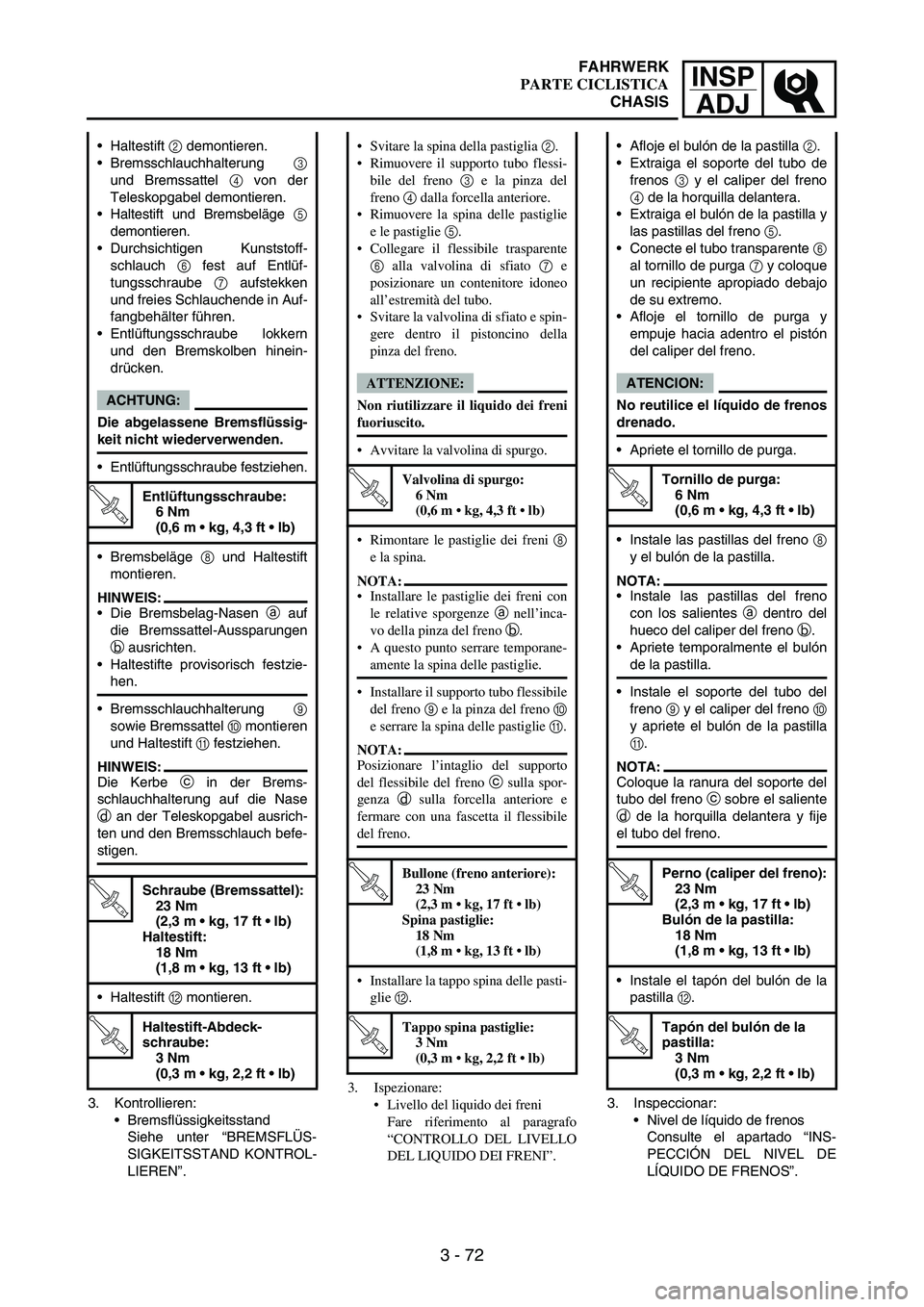 YAMAHA WR 250F 2004 Owners Manual INSP
ADJ
3 - 72
3. Kontrollieren:
Bremsflüssigkeitsstand
Siehe unter “BREMSFLÜS-
SIGKEITSSTAND KONTROL-
LIEREN”. Haltestift
2 demontieren.
Bremsschlauchhalterung
3
und Bremssattel
4 von de YAMAHA WR 250F 2004 Owners Manual INSP
ADJ
3 - 72
3. Kontrollieren:
Bremsflüssigkeitsstand
Siehe unter “BREMSFLÜS-
SIGKEITSSTAND KONTROL-
LIEREN”. Haltestift
2 demontieren.
Bremsschlauchhalterung
3
und Bremssattel
4 von de