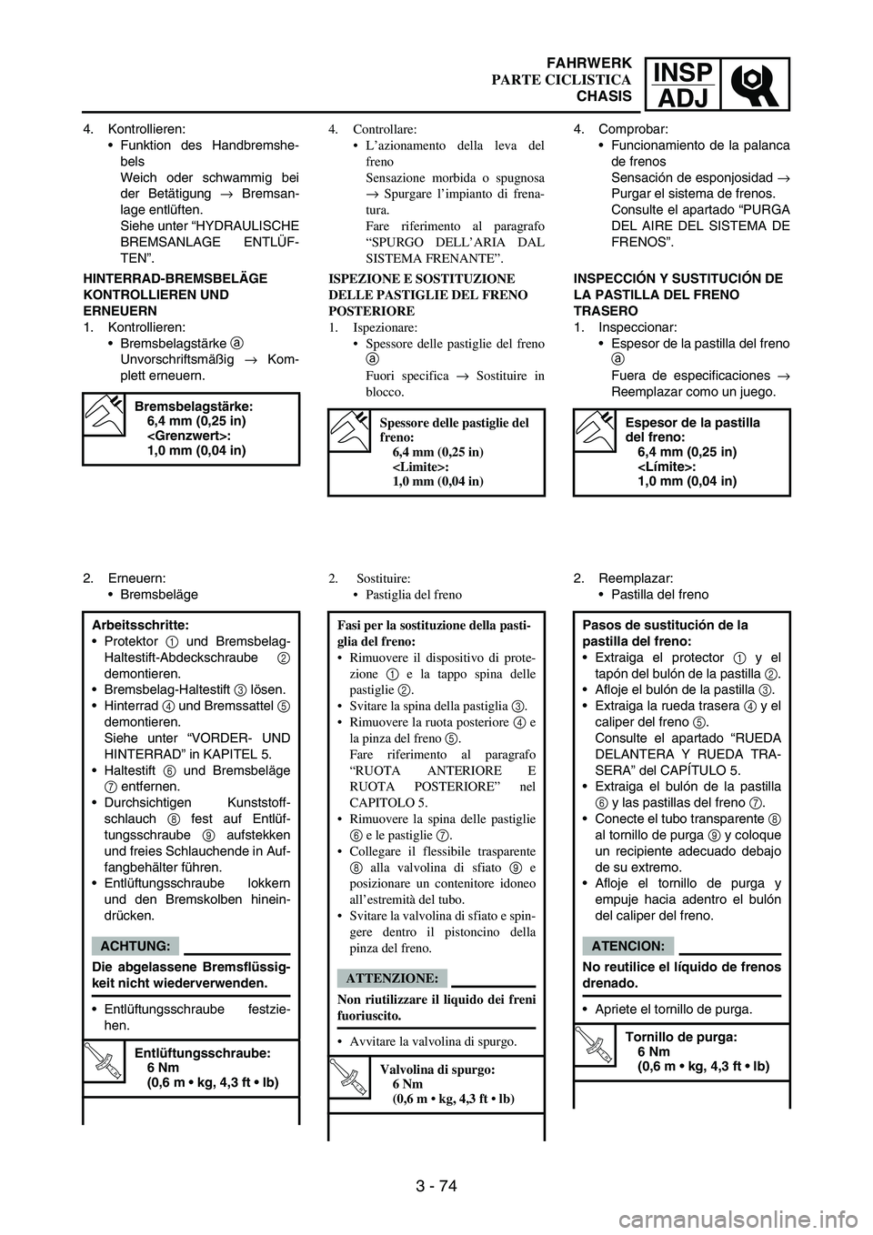 YAMAHA WR 250F 2004 Owners Manual INSP
ADJ
3 - 74
4. Kontrollieren:
Funktion des Handbremshe-
bels
Weich oder schwammig bei
der Betätigung
→ Bremsan-
lage entlüften.
Siehe unter “HYDRAULISCHE
BREMSANLAGE ENTLÜF-
TEN”.
HINTE YAMAHA WR 250F 2004 Owners Manual INSP
ADJ
3 - 74
4. Kontrollieren:
Funktion des Handbremshe-
bels
Weich oder schwammig bei
der Betätigung
→ Bremsan-
lage entlüften.
Siehe unter “HYDRAULISCHE
BREMSANLAGE ENTLÜF-
TEN”.
HINTE