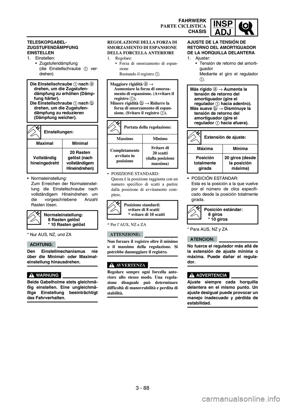 YAMAHA WR 250F 2004 Owners Manual INSP
ADJ
3 - 88
TELESKOPGABEL-
ZUGSTUFENDÄMPFUNG
EINSTELLEN
1. Einstellen:
Zugstufendämpfung
(die Einstellschraube
1 ver-
drehen)
Normaleinstellung:
Zum Erreichen der Normaleinstel-
lung die Ein YAMAHA WR 250F 2004 Owners Manual INSP
ADJ
3 - 88
TELESKOPGABEL-
ZUGSTUFENDÄMPFUNG
EINSTELLEN
1. Einstellen:
Zugstufendämpfung
(die Einstellschraube
1 ver-
drehen)
Normaleinstellung:
Zum Erreichen der Normaleinstel-
lung die Ein