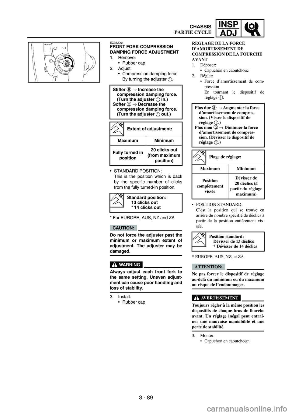 YAMAHA WR 250F 2004 Owners Manual 3 - 89
INSP
ADJ
EC36J001FRONT FORK COMPRESSION
DAMPING FORCE ADJUSTMENT
1. Remove:
Rubber cap
2. Adjust:
Compression damping force
By turning the adjuster
1.
STANDARD POSITION:
This is the positi YAMAHA WR 250F 2004 Owners Manual 3 - 89
INSP
ADJ
EC36J001FRONT FORK COMPRESSION
DAMPING FORCE ADJUSTMENT
1. Remove:
Rubber cap
2. Adjust:
Compression damping force
By turning the adjuster
1.
STANDARD POSITION:
This is the positi