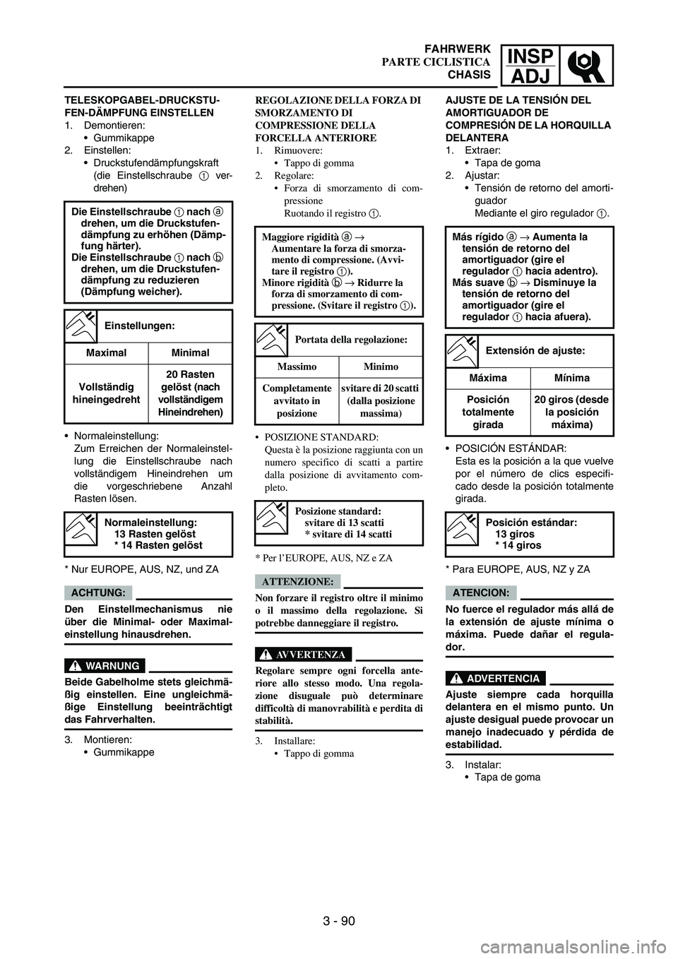 YAMAHA WR 250F 2004 Owners Manual INSP
ADJ
3 - 90
TELESKOPGABEL-DRUCKSTU-
FEN-DÄMPFUNG EINSTELLEN
1. Demontieren:
Gummikappe
2. Einstellen:
Druckstufendämpfungskraft
(die Einstellschraube
1 ver-
drehen)
Normaleinstellung:
Zum Er YAMAHA WR 250F 2004 Owners Manual INSP
ADJ
3 - 90
TELESKOPGABEL-DRUCKSTU-
FEN-DÄMPFUNG EINSTELLEN
1. Demontieren:
Gummikappe
2. Einstellen:
Druckstufendämpfungskraft
(die Einstellschraube
1 ver-
drehen)
Normaleinstellung:
Zum Er