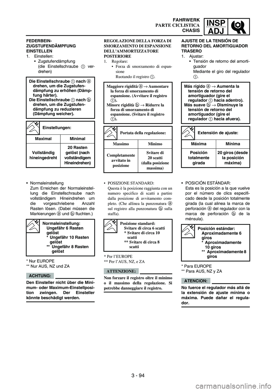 YAMAHA WR 250F 2004 Owners Manual INSP
ADJ
3 - 94
FEDERBEIN-
ZUGSTUFENDÄMPFUNG
EINSTELLEN
1. Einstellen:
Zugstufendämpfung
(die Einstellschraube
1 ver-
drehen)
Die Einstellschraube
1 nach a
drehen, um die Zugstufen-
dämpfung z YAMAHA WR 250F 2004 Owners Manual INSP
ADJ
3 - 94
FEDERBEIN-
ZUGSTUFENDÄMPFUNG
EINSTELLEN
1. Einstellen:
Zugstufendämpfung
(die Einstellschraube
1 ver-
drehen)
Die Einstellschraube
1 nach a
drehen, um die Zugstufen-
dämpfung z
