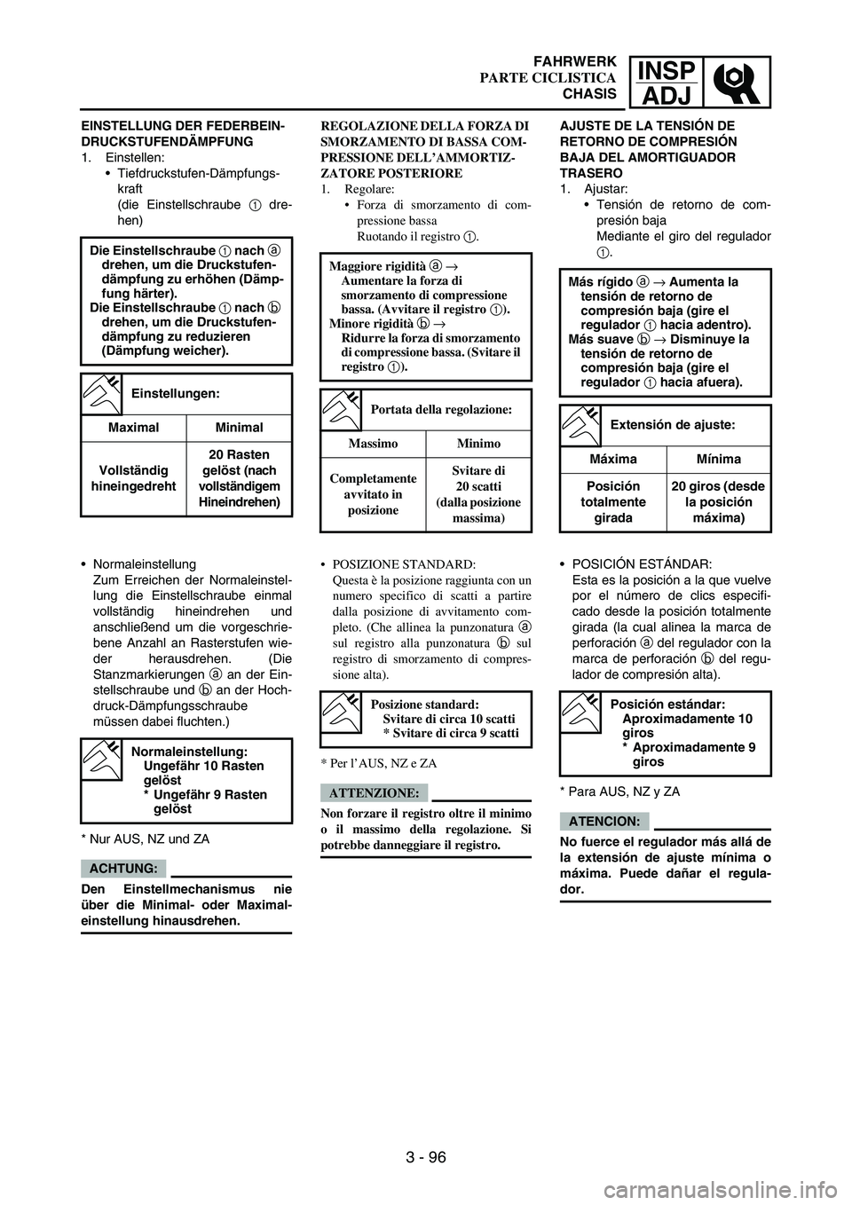 YAMAHA WR 250F 2004 Owners Manual INSP
ADJ
3 - 96
EINSTELLUNG DER FEDERBEIN-
DRUCKSTUFENDÄMPFUNG
1. Einstellen:
Tiefdruckstufen-Dämpfungs-
kraft
(die Einstellschraube
1 dre-
hen)
Die Einstellschraube 1 nach a
drehen, um die Druck YAMAHA WR 250F 2004 Owners Manual INSP
ADJ
3 - 96
EINSTELLUNG DER FEDERBEIN-
DRUCKSTUFENDÄMPFUNG
1. Einstellen:
Tiefdruckstufen-Dämpfungs-
kraft
(die Einstellschraube
1 dre-
hen)
Die Einstellschraube 1 nach a
drehen, um die Druck