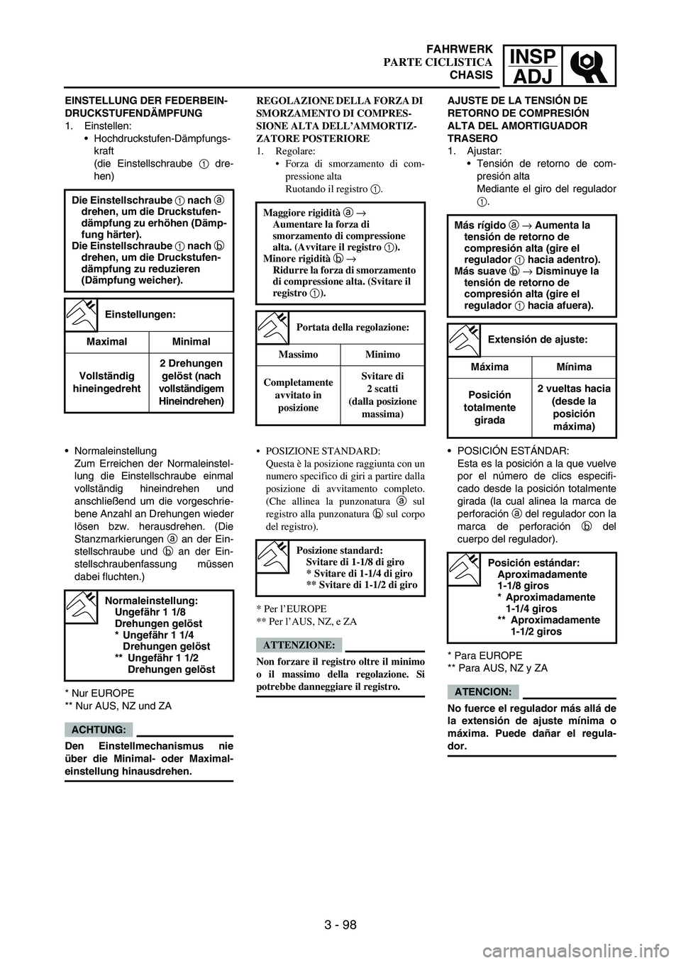 YAMAHA WR 250F 2004 Owners Manual INSP
ADJ
3 - 98
EINSTELLUNG DER FEDERBEIN-
DRUCKSTUFENDÄMPFUNG
1. Einstellen:
Hochdruckstufen-Dämpfungs-
kraft
(die Einstellschraube
1 dre-
hen)
Die Einstellschraube 1 nach a
drehen, um die Druck YAMAHA WR 250F 2004 Owners Manual INSP
ADJ
3 - 98
EINSTELLUNG DER FEDERBEIN-
DRUCKSTUFENDÄMPFUNG
1. Einstellen:
Hochdruckstufen-Dämpfungs-
kraft
(die Einstellschraube
1 dre-
hen)
Die Einstellschraube 1 nach a
drehen, um die Druck