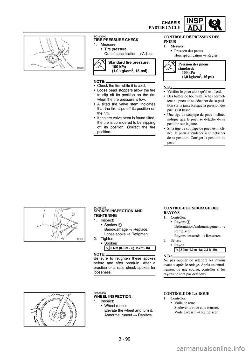 YAMAHA WR 250F 2004  Manuale de Empleo (in Spanish) 3 - 99
INSP
ADJ
EC36Q000TIRE PRESSURE CHECK
1. Measure:
Tire pressure
Out of specification 
→ Adjust.
NOTE:Check the tire while it is cold.
Loose bead stoppers allow the tire
to slip off its posi