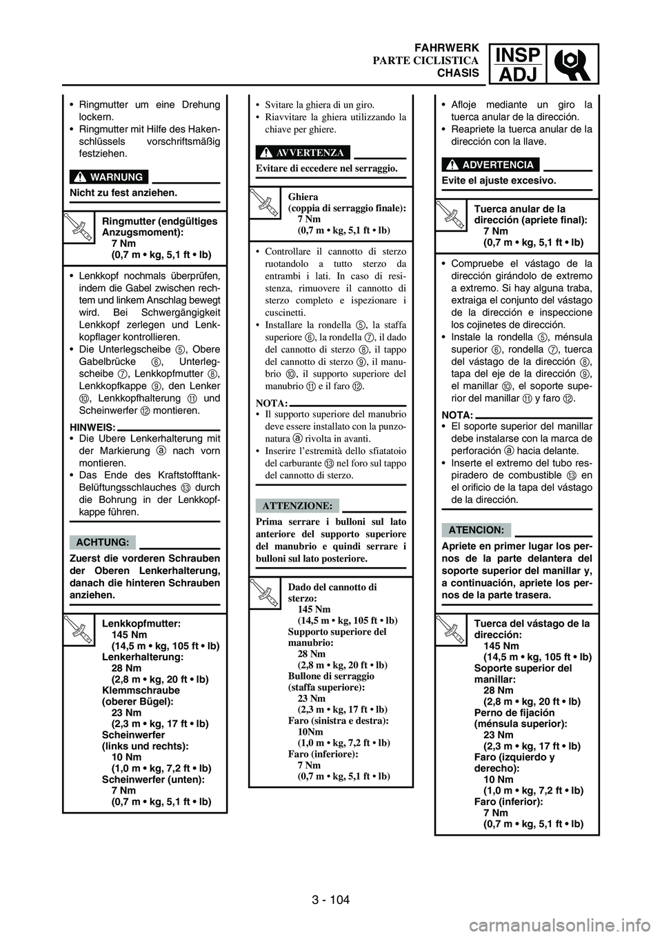 YAMAHA WR 250F 2004 Owners Manual INSP
ADJ
3 - 104
Ringmutter um eine Drehung
lockern.
Ringmutter mit Hilfe des Haken-
schlüssels vorschriftsmäßig
festziehen.
WARNUNG
Nicht zu fest anziehen.
T R..
Ringmutter (endgültiges
Anzugs YAMAHA WR 250F 2004 Owners Manual INSP
ADJ
3 - 104
Ringmutter um eine Drehung
lockern.
Ringmutter mit Hilfe des Haken-
schlüssels vorschriftsmäßig
festziehen.
WARNUNG
Nicht zu fest anziehen.
T R..
Ringmutter (endgültiges
Anzugs