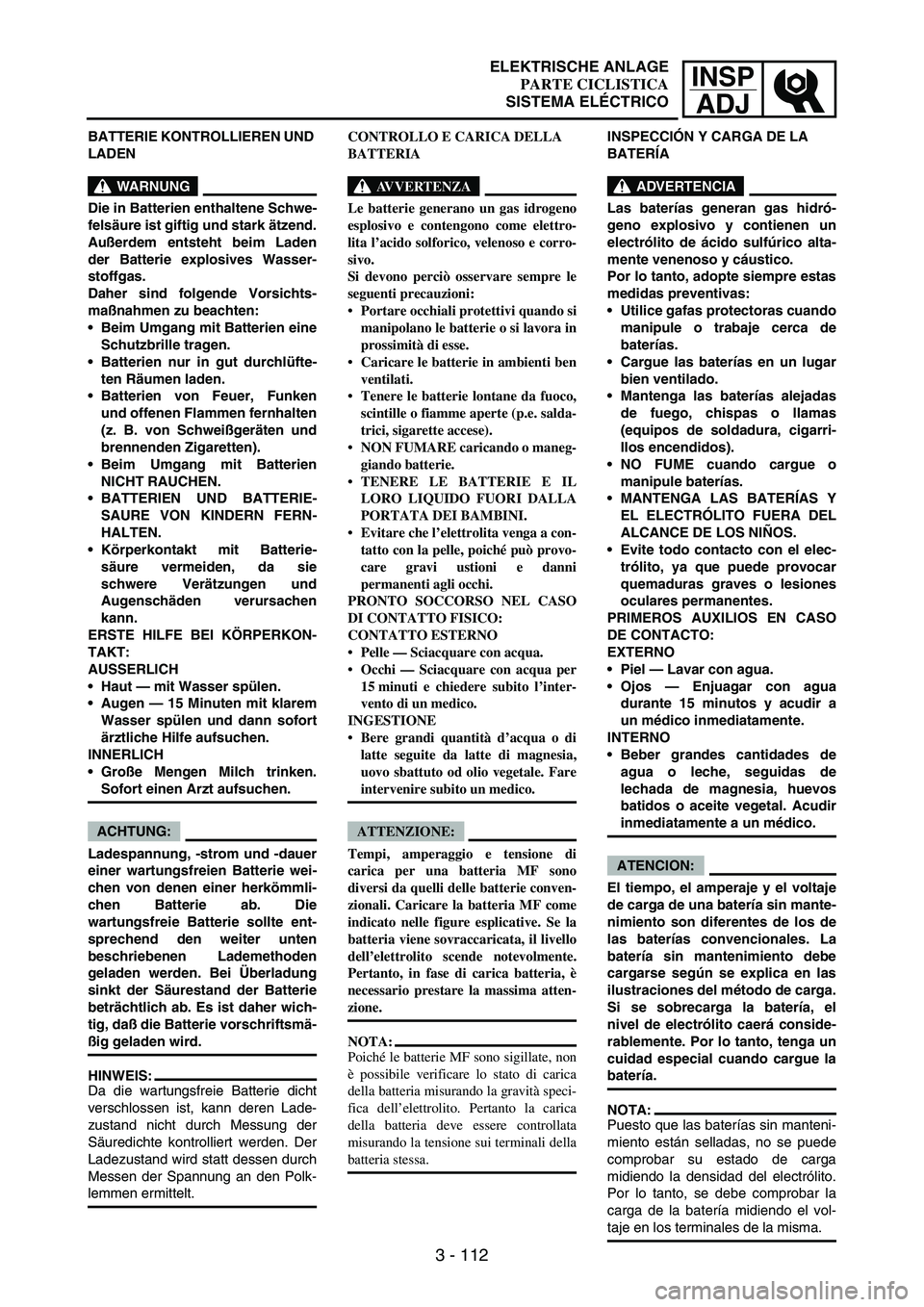 YAMAHA WR 250F 2004 Owners Manual INSP
ADJ
3 - 112
BATTERIE KONTROLLIEREN UND
LADEN
WARNUNG
Die in Batterien enthaltene Schwe-
felsäure ist giftig und stark ätzend.
Außerdem entsteht beim Laden
der Batterie explosives Wasser-
stof YAMAHA WR 250F 2004 Owners Manual INSP
ADJ
3 - 112
BATTERIE KONTROLLIEREN UND
LADEN
WARNUNG
Die in Batterien enthaltene Schwe-
felsäure ist giftig und stark ätzend.
Außerdem entsteht beim Laden
der Batterie explosives Wasser-
stof