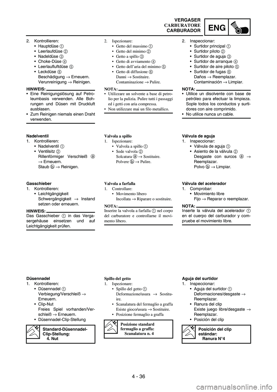 YAMAHA WR 250F 2004 Owners Manual 4 - 36
ENG
2. Kontrollieren:
Hauptdüse
1
Leerlaufdüse
2
Nadeldüse
3
Choke-Düse
4
Leerlaufluftdüse
5
Leckdüse
6
Beschädigung
→ Erneuern.
Verunreinigung
→ Reinigen.
HINWEI YAMAHA WR 250F 2004 Owners Manual 4 - 36
ENG
2. Kontrollieren:
Hauptdüse
1
Leerlaufdüse
2
Nadeldüse
3
Choke-Düse
4
Leerlaufluftdüse
5
Leckdüse
6
Beschädigung
→ Erneuern.
Verunreinigung
→ Reinigen.
HINWEI