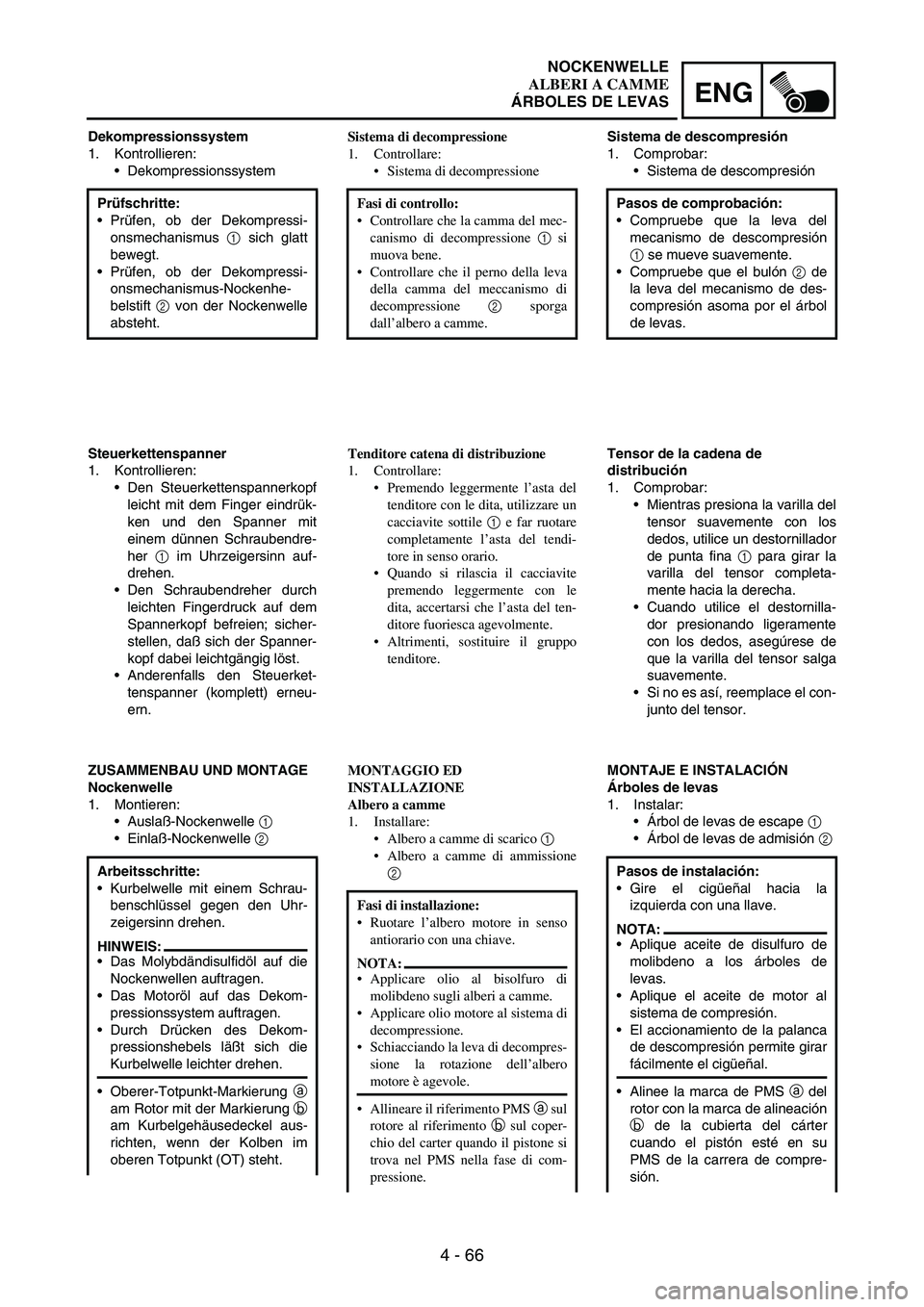 YAMAHA WR 250F 2004 Owners Manual 4 - 66
ENG
Dekompressionssystem
1. Kontrollieren:
Dekompressionssystem
Prüfschritte:
Prüfen, ob der Dekompressi-
onsmechanismus
1 sich glatt
bewegt.
Prüfen, ob der Dekompressi-
onsmechanismus-N YAMAHA WR 250F 2004 Owners Manual 4 - 66
ENG
Dekompressionssystem
1. Kontrollieren:
Dekompressionssystem
Prüfschritte:
Prüfen, ob der Dekompressi-
onsmechanismus
1 sich glatt
bewegt.
Prüfen, ob der Dekompressi-
onsmechanismus-N