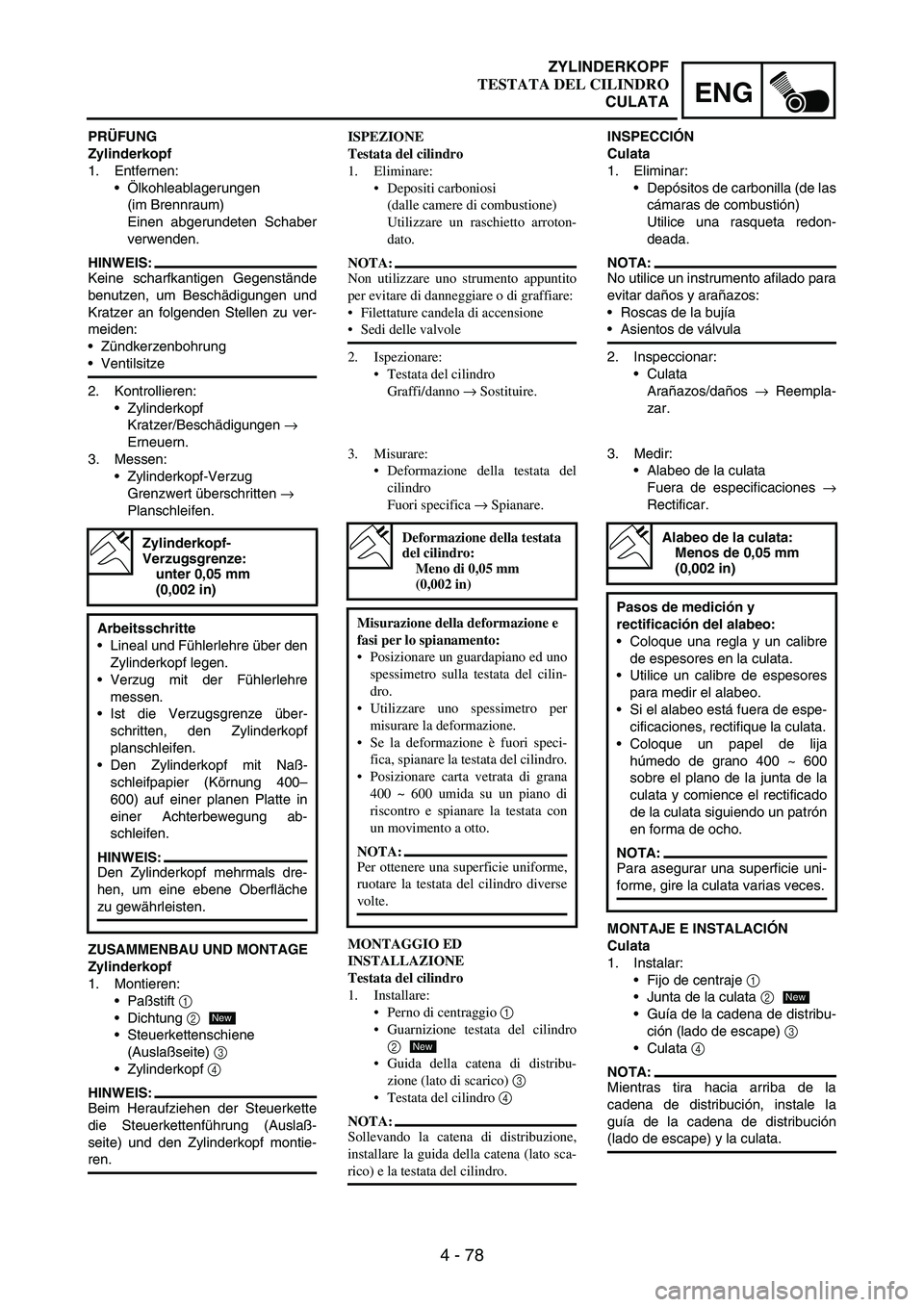 YAMAHA WR 250F 2004 Owners Manual 4 - 78
ENG
PRÜFUNG
Zylinderkopf
1. Entfernen:
Ölkohleablagerungen
(im Brennraum)
Einen abgerundeten Schaber
verwenden.
HINWEIS:
Keine scharfkantigen Gegenstände
benutzen, um Beschädigungen und
K YAMAHA WR 250F 2004 Owners Manual 4 - 78
ENG
PRÜFUNG
Zylinderkopf
1. Entfernen:
Ölkohleablagerungen
(im Brennraum)
Einen abgerundeten Schaber
verwenden.
HINWEIS:
Keine scharfkantigen Gegenstände
benutzen, um Beschädigungen und
K