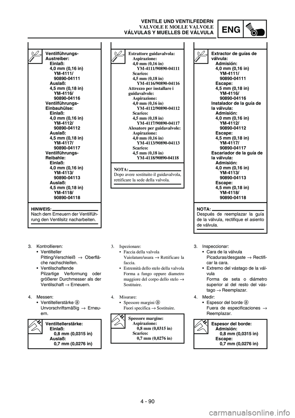 YAMAHA WR 250F 2004 Owners Manual 4 - 90
ENG
Ventilführungs-
Austreiber:
Einlaß:
4,0 mm (0,16 in)
YM-4111/
90890-04111
Auslaß:
4,5 mm (0,18 in)
YM-4116/
90890-04116
Ventilführungs-
Einbauhülse:
Einlaß:
4,0 mm (0,16 in)
YM-411 YAMAHA WR 250F 2004 Owners Manual 4 - 90
ENG
Ventilführungs-
Austreiber:
Einlaß:
4,0 mm (0,16 in)
YM-4111/
90890-04111
Auslaß:
4,5 mm (0,18 in)
YM-4116/
90890-04116
Ventilführungs-
Einbauhülse:
Einlaß:
4,0 mm (0,16 in)
YM-411