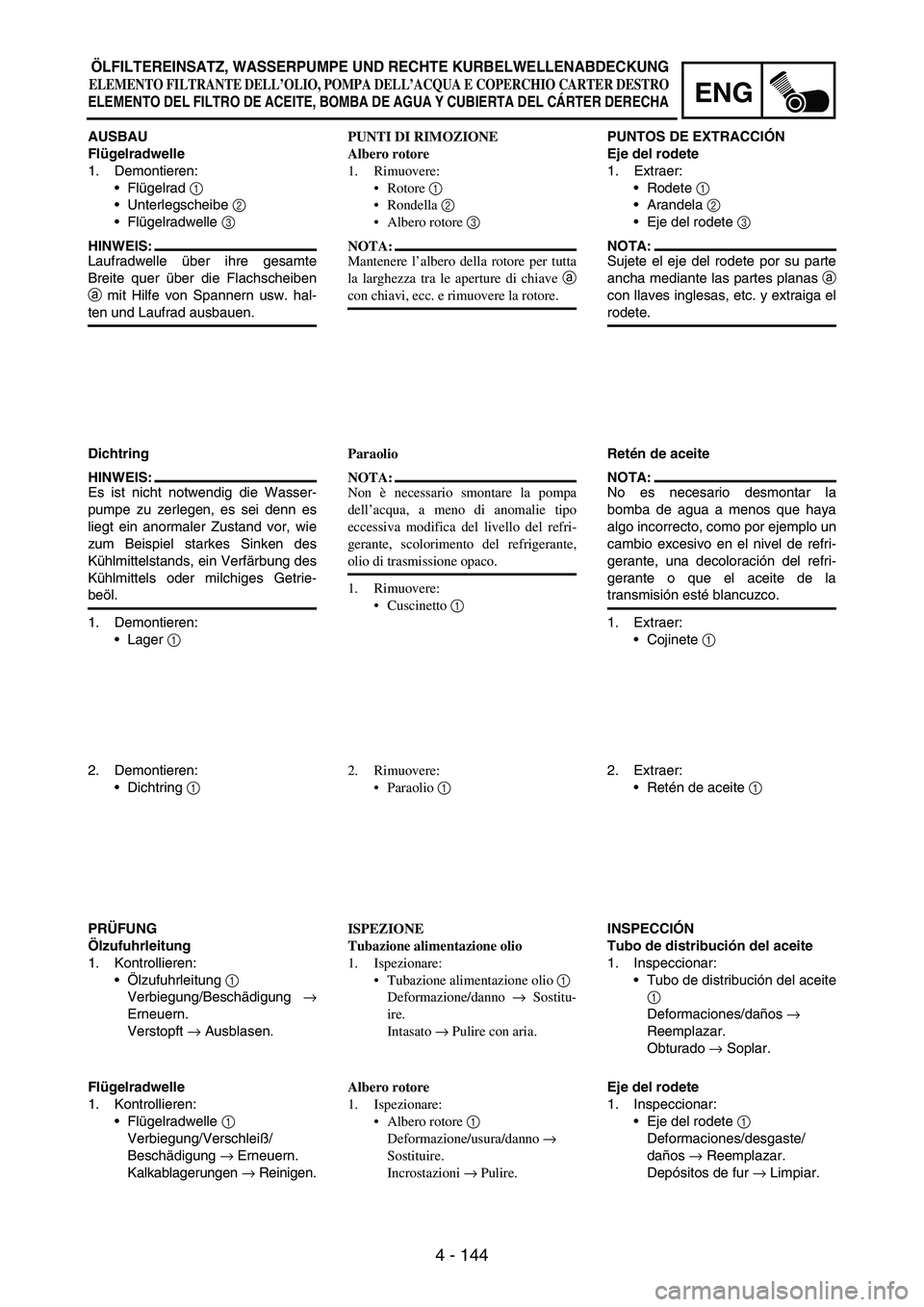 YAMAHA WR 250F 2004 Owners Manual 4 - 144
ENG
AUSBAU
Flügelradwelle
1. Demontieren:
Flügelrad
1
Unterlegscheibe
2
Flügelradwelle
3
HINWEIS:
Laufradwelle über ihre gesamte
Breite quer über die Flachscheiben
a mit Hilfe vo YAMAHA WR 250F 2004 Owners Manual 4 - 144
ENG
AUSBAU
Flügelradwelle
1. Demontieren:
Flügelrad
1
Unterlegscheibe
2
Flügelradwelle
3
HINWEIS:
Laufradwelle über ihre gesamte
Breite quer über die Flachscheiben
a mit Hilfe vo