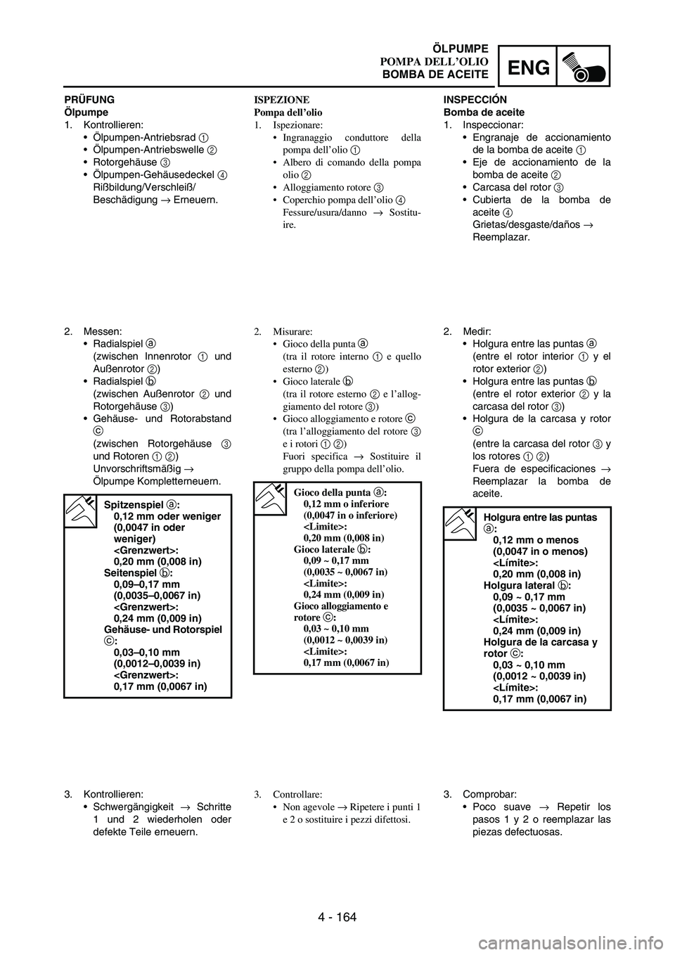 YAMAHA WR 250F 2004 Owners Manual 4 - 164
ENG
PRÜFUNG
Ölpumpe
1. Kontrollieren:
Ölpumpen-Antriebsrad
1
Ölpumpen-Antriebswelle
2
Rotorgehäuse
3
Ölpumpen-Gehäusedeckel
4
Rißbildung/Verschleiß/
Beschädigung
→ Ern YAMAHA WR 250F 2004 Owners Manual 4 - 164
ENG
PRÜFUNG
Ölpumpe
1. Kontrollieren:
Ölpumpen-Antriebsrad
1
Ölpumpen-Antriebswelle
2
Rotorgehäuse
3
Ölpumpen-Gehäusedeckel
4
Rißbildung/Verschleiß/
Beschädigung
→ Ern