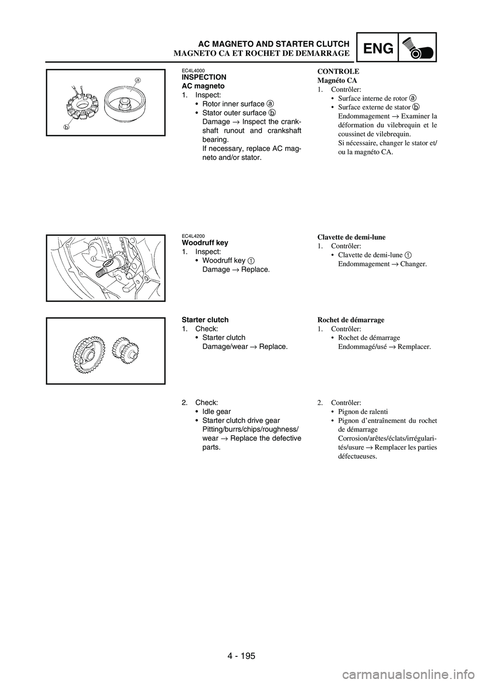 YAMAHA WR 250F 2004 Owners Manual 4 - 195
ENGAC MAGNETO AND STARTER CLUTCH
EC4L4000INSPECTION
AC magneto
1. Inspect:
Rotor inner surface
a
Stator outer surface
b
Damage
→ Inspect the crank-
shaft runout and crankshaft
bearing YAMAHA WR 250F 2004 Owners Manual 4 - 195
ENGAC MAGNETO AND STARTER CLUTCH
EC4L4000INSPECTION
AC magneto
1. Inspect:
Rotor inner surface
a
Stator outer surface
b
Damage
→ Inspect the crank-
shaft runout and crankshaft
bearing