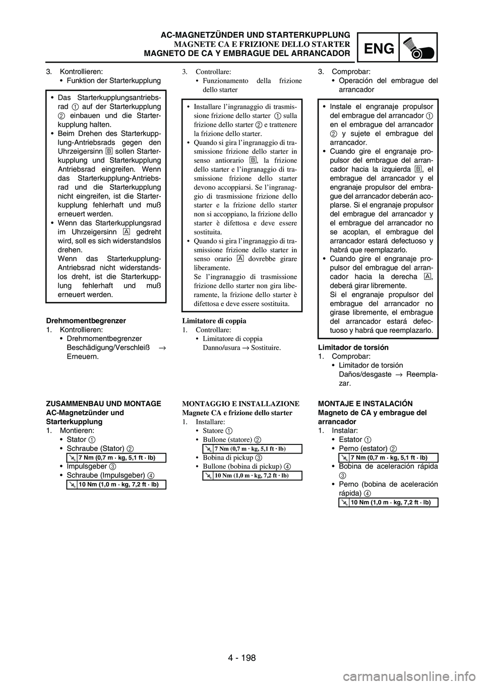 YAMAHA WR 250F 2004 Owners Manual 4 - 198
ENG
3. Kontrollieren:
Funktion der Starterkupplung
Das Starterkupplungsantriebs-
rad
1 auf der Starterkupplung
2 einbauen und die Starter-
kupplung halten.
Beim Drehen des Starterkupp-
lu YAMAHA WR 250F 2004 Owners Manual 4 - 198
ENG
3. Kontrollieren:
Funktion der Starterkupplung
Das Starterkupplungsantriebs-
rad
1 auf der Starterkupplung
2 einbauen und die Starter-
kupplung halten.
Beim Drehen des Starterkupp-
lu