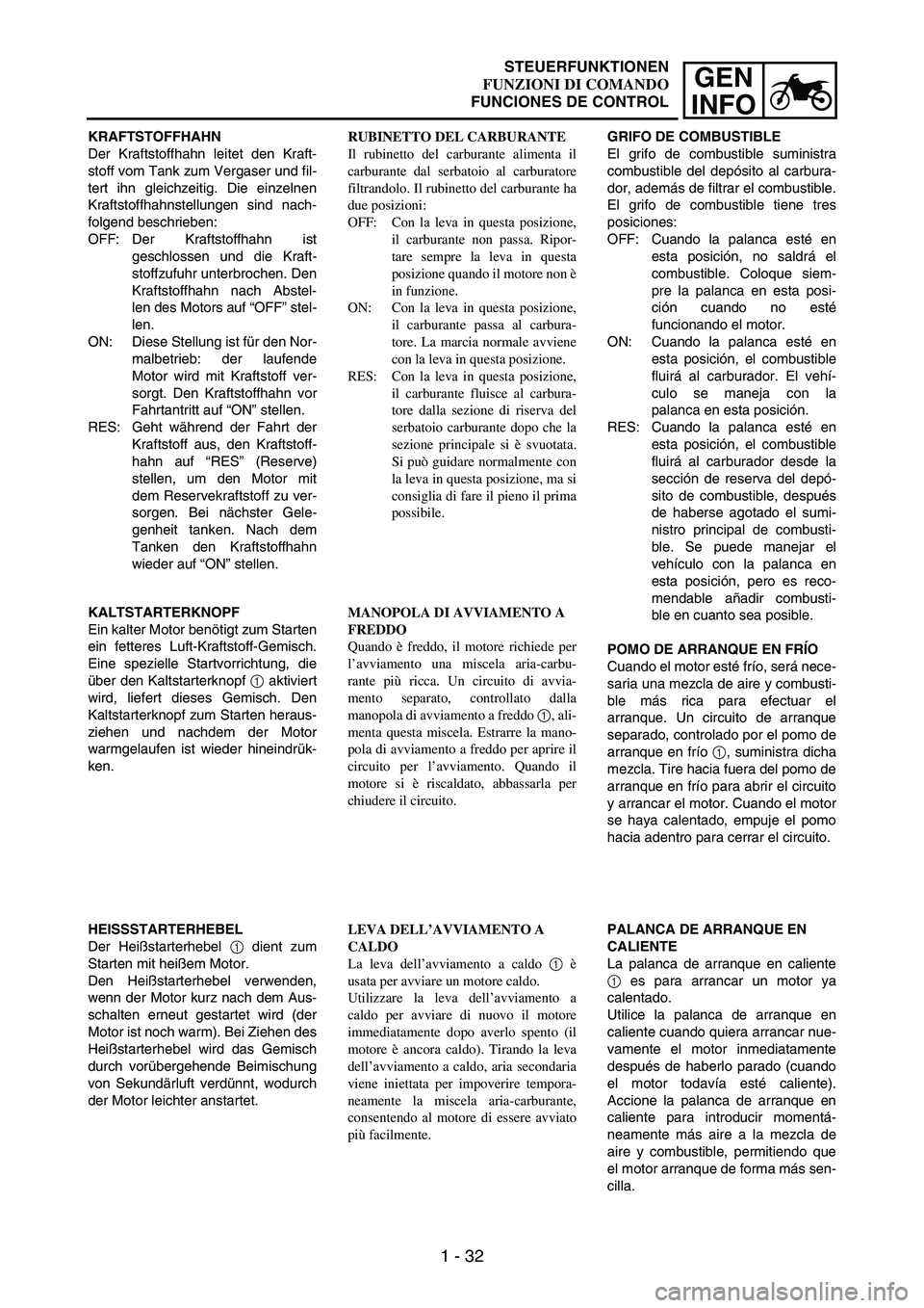 YAMAHA WR 250F 2004 Workshop Manual 1 - 32
GEN
INFO
KRAFTSTOFFHAHN
Der Kraftstoffhahn leitet den Kraft-
stoff vom Tank zum Vergaser und fil-
tert ihn gleichzeitig. Die einzelnen
Kraftstoffhahnstellungen sind nach-
folgend beschrieben:
YAMAHA WR 250F 2004 Workshop Manual 1 - 32
GEN
INFO
KRAFTSTOFFHAHN
Der Kraftstoffhahn leitet den Kraft-
stoff vom Tank zum Vergaser und fil-
tert ihn gleichzeitig. Die einzelnen
Kraftstoffhahnstellungen sind nach-
folgend beschrieben: