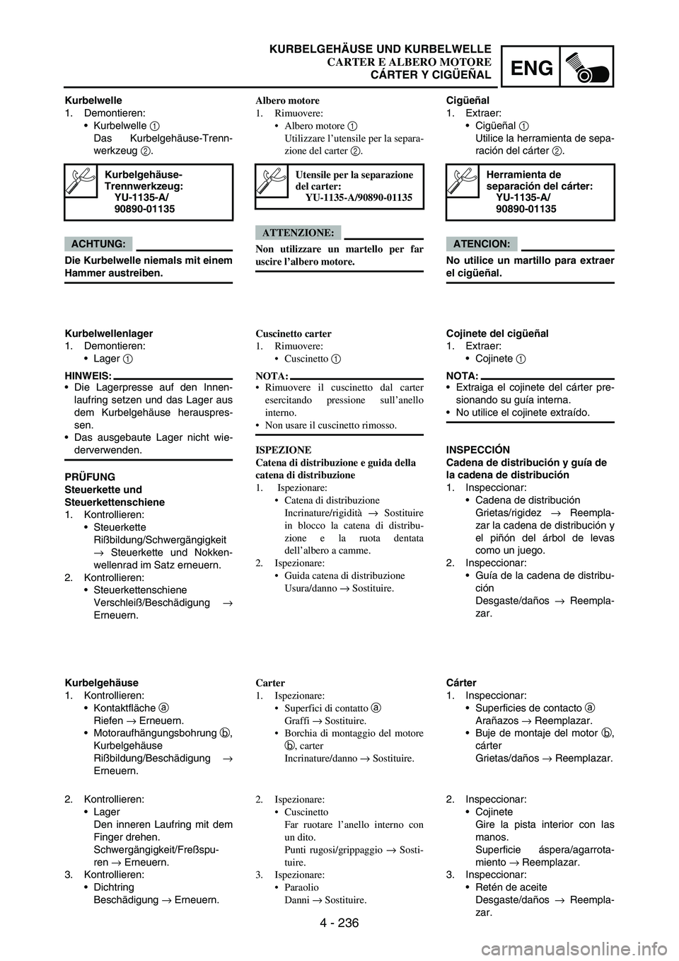 YAMAHA WR 250F 2004 Manuale duso (in Italian) 4 - 236
ENG
Kurbelwelle
1. Demontieren:
Kurbelwelle
1
Das Kurbelgehäuse-Trenn-
werkzeug
2.
ACHTUNG:
Die Kurbelwelle niemals mit einem
Hammer austreiben.
Kurbelgehäuse-
Trennwerkzeug:
YU-1135-A/
YAMAHA WR 250F 2004 Manuale duso (in Italian) 4 - 236
ENG
Kurbelwelle
1. Demontieren:
Kurbelwelle
1
Das Kurbelgehäuse-Trenn-
werkzeug
2.
ACHTUNG:
Die Kurbelwelle niemals mit einem
Hammer austreiben.
Kurbelgehäuse-
Trennwerkzeug:
YU-1135-A/