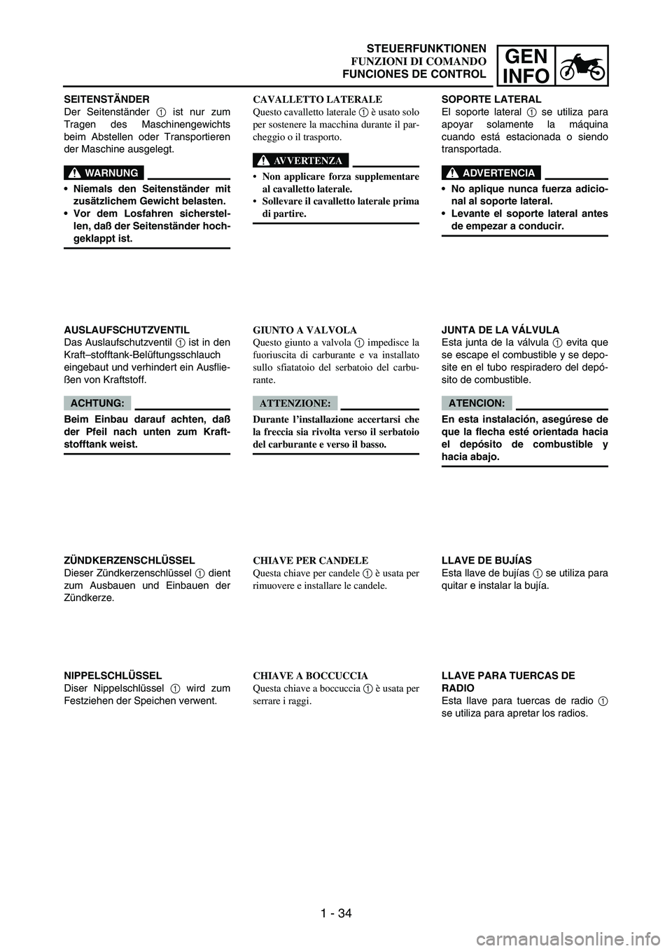 YAMAHA WR 250F 2004 Workshop Manual 1 - 34
GEN
INFO
SEITENSTÄNDER
Der Seitenständer
1 ist nur zum
Tragen des Maschinengewichts
beim Abstellen oder Transportieren
der Maschine ausgelegt.
WARNUNG
Niemals den Seitenständer mit
zusätz YAMAHA WR 250F 2004 Workshop Manual 1 - 34
GEN
INFO
SEITENSTÄNDER
Der Seitenständer
1 ist nur zum
Tragen des Maschinengewichts
beim Abstellen oder Transportieren
der Maschine ausgelegt.
WARNUNG
Niemals den Seitenständer mit
zusätz