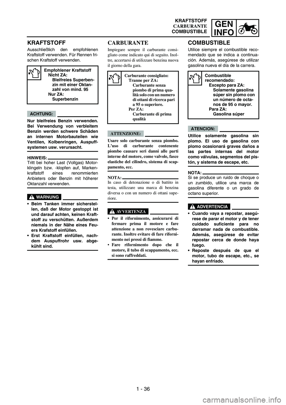 YAMAHA WR 250F 2004 Repair Manual 1 - 36
GEN
INFO
KRAFTSTOFF
Ausschließlich den empfohlenen
Kraftstoff verwenden. Für Rennen fri-
schen Kraftstoff verwenden.
ACHTUNG:
Nur bleifreies Benzin verwenden.
Bei Verwendung von verbleitem
Be YAMAHA WR 250F 2004 Repair Manual 1 - 36
GEN
INFO
KRAFTSTOFF
Ausschließlich den empfohlenen
Kraftstoff verwenden. Für Rennen fri-
schen Kraftstoff verwenden.
ACHTUNG:
Nur bleifreies Benzin verwenden.
Bei Verwendung von verbleitem
Be