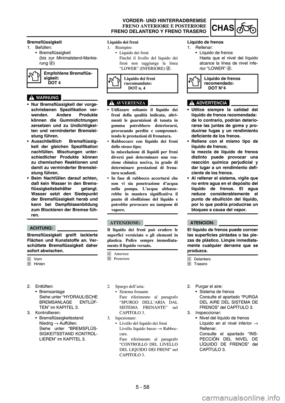 YAMAHA WR 250F 2004  Manuale duso (in Italian) 5 - 58
CHAS
Bremsflüssigkeit
1. Befüllen:
Bremsflüssigkeit
(bis zur Minimalstand-Markie-
rung 
a)
WARNUNG
Nur Bremsflüssigkeit der vorge-
schriebenen Spezifikation ver-
wenden. Andere Produkte
k