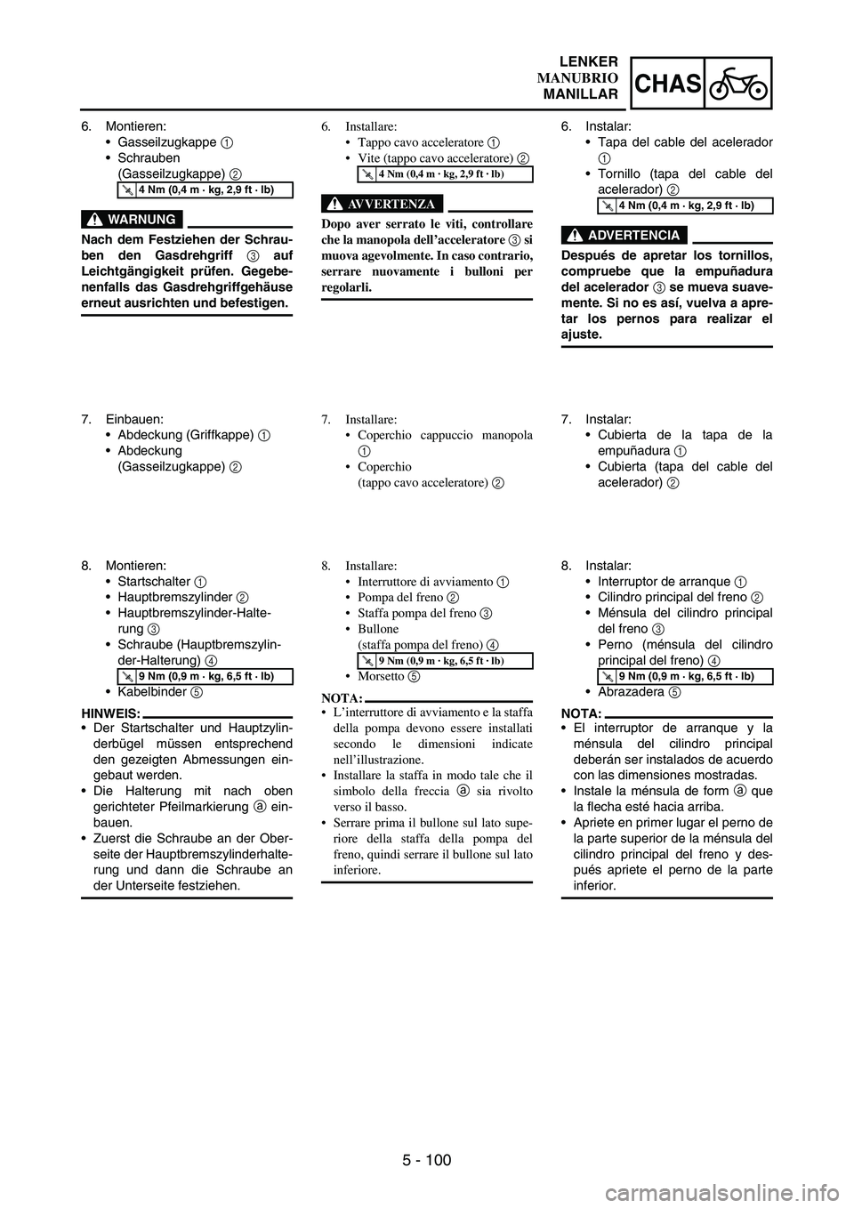 YAMAHA WR 250F 2004 Manuale duso (in Italian) 5 - 100
CHAS
6. Montieren:
Gasseilzugkappe
1
Schrauben
(Gasseilzugkappe)
2
WARNUNG
Nach dem Festziehen der Schrau-
ben den Gasdrehgriff 3 auf
Leichtgängigkeit prüfen. Gegebe-
nenfalls das Gas YAMAHA WR 250F 2004 Manuale duso (in Italian) 5 - 100
CHAS
6. Montieren:
Gasseilzugkappe
1
Schrauben
(Gasseilzugkappe)
2
WARNUNG
Nach dem Festziehen der Schrau-
ben den Gasdrehgriff 3 auf
Leichtgängigkeit prüfen. Gegebe-
nenfalls das Gas