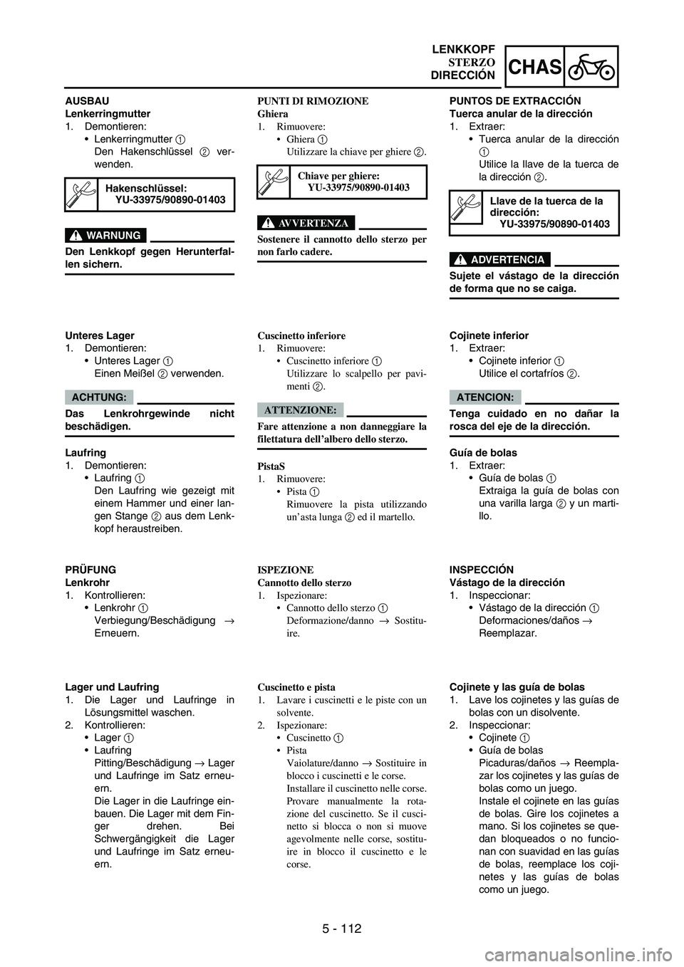 YAMAHA WR 250F 2004 Manuale duso (in Italian) 5 - 112
CHAS
AUSBAU
Lenkerringmutter
1. Demontieren:
Lenkerringmutter
1
Den Hakenschlüssel
2 ver-
wenden.
WARNUNG
Den Lenkkopf gegen Herunterfal-
len sichern.
Hakenschlüssel:
YU-33975/90890-0140 YAMAHA WR 250F 2004 Manuale duso (in Italian) 5 - 112
CHAS
AUSBAU
Lenkerringmutter
1. Demontieren:
Lenkerringmutter
1
Den Hakenschlüssel
2 ver-
wenden.
WARNUNG
Den Lenkkopf gegen Herunterfal-
len sichern.
Hakenschlüssel:
YU-33975/90890-0140