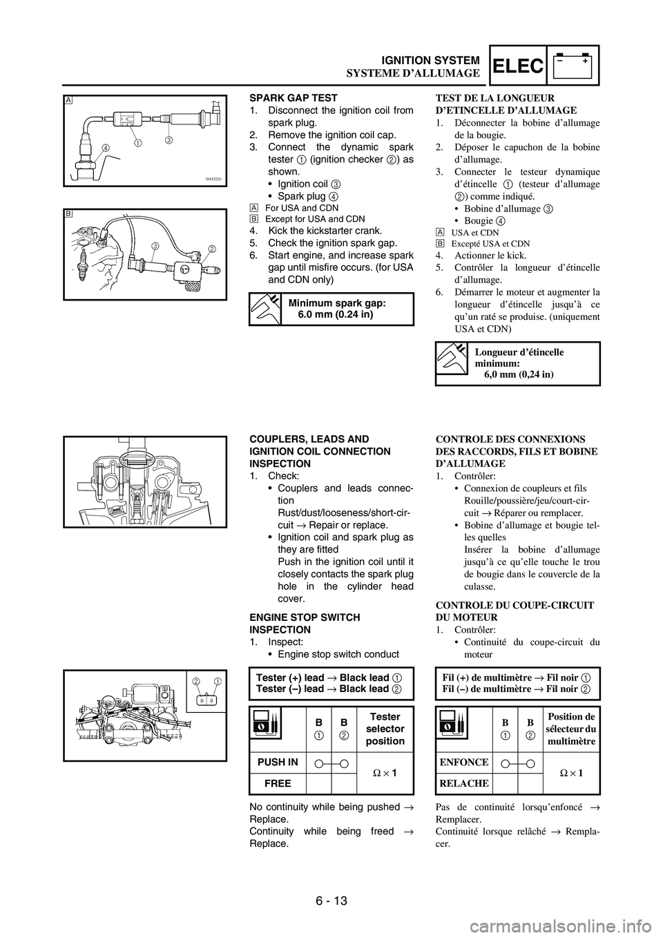 YAMAHA WR 250F 2004 Owners Manual 6 - 13
–+ELECIGNITION SYSTEM
SPARK GAP TEST
1. Disconnect the ignition coil from
spark plug.
2. Remove the ignition coil cap.
3. Connect the dynamic spark
tester
1 (ignition checker
2) as
shown.
YAMAHA WR 250F 2004 Owners Manual 6 - 13
–+ELECIGNITION SYSTEM
SPARK GAP TEST
1. Disconnect the ignition coil from
spark plug.
2. Remove the ignition coil cap.
3. Connect the dynamic spark
tester
1 (ignition checker
2) as
shown.
