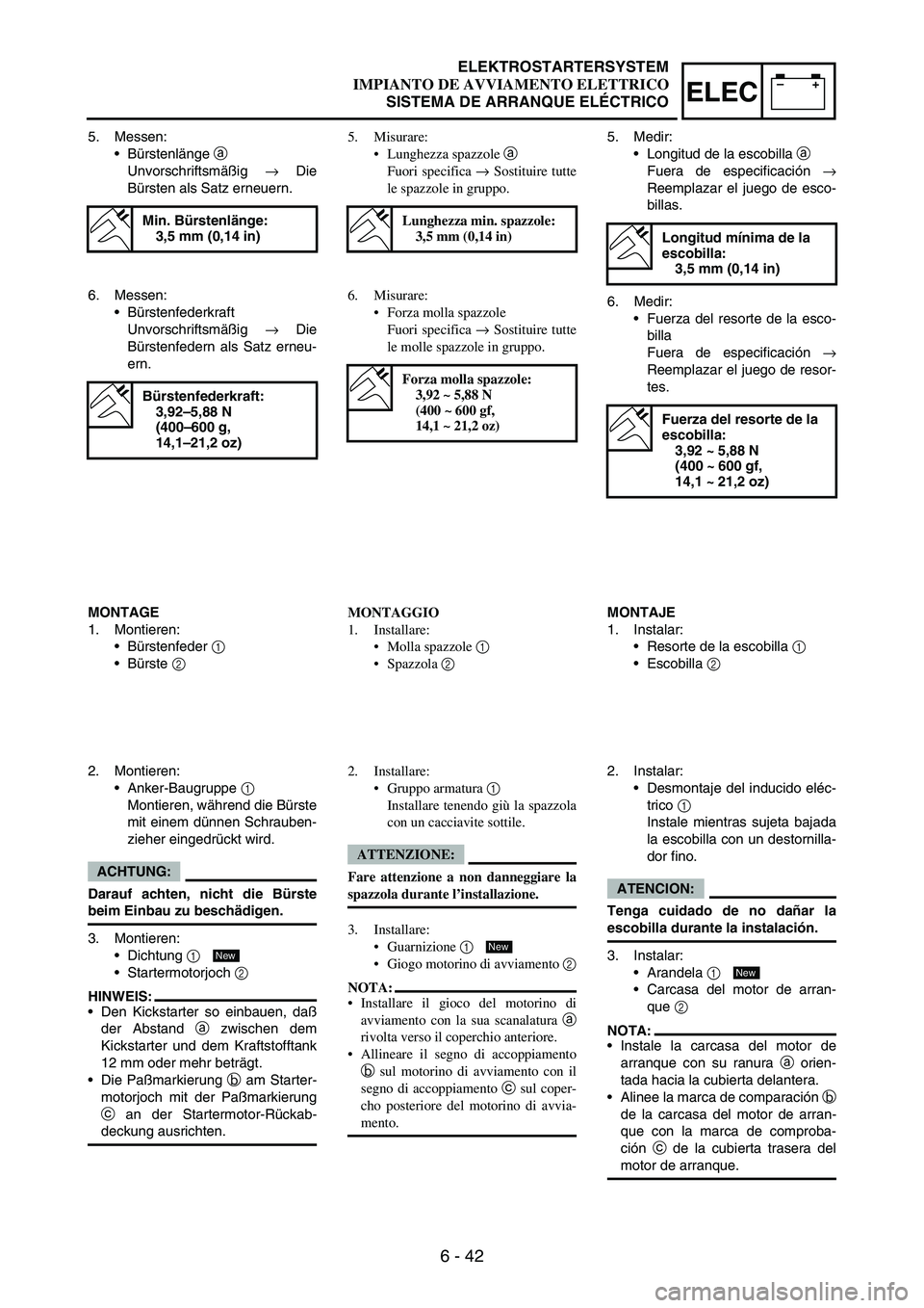 YAMAHA WR 250F 2004 Manuale duso (in Italian) 6 - 42
–+ELEC
5. Messen:
Bürstenlänge
a
Unvorschriftsmäßig
→ Die
Bürsten als Satz erneuern.
Min. Bürstenlänge:
3,5 mm (0,14 in)
6. Messen:
Bürstenfederkraft
Unvorschriftsmäßig
→ YAMAHA WR 250F 2004 Manuale duso (in Italian) 6 - 42
–+ELEC
5. Messen:
Bürstenlänge
a
Unvorschriftsmäßig
→ Die
Bürsten als Satz erneuern.
Min. Bürstenlänge:
3,5 mm (0,14 in)
6. Messen:
Bürstenfederkraft
Unvorschriftsmäßig
→