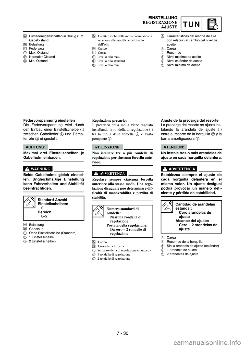 YAMAHA WR 250F 2004 Manuale duso (in Italian) 7 - 30
TUN
ÈLuftfedereigenschaften in Bezug zum
Gabelölstand
ÉBelastung
ÊFederweg
1Max. Ölstand
2Normaler Ölstand
3Min. Ölstand
Federvorspannung einstellen
Die Federvorspannung wird durch
den YAMAHA WR 250F 2004 Manuale duso (in Italian) 7 - 30
TUN
ÈLuftfedereigenschaften in Bezug zum
Gabelölstand
ÉBelastung
ÊFederweg
1Max. Ölstand
2Normaler Ölstand
3Min. Ölstand
Federvorspannung einstellen
Die Federvorspannung wird durch
den