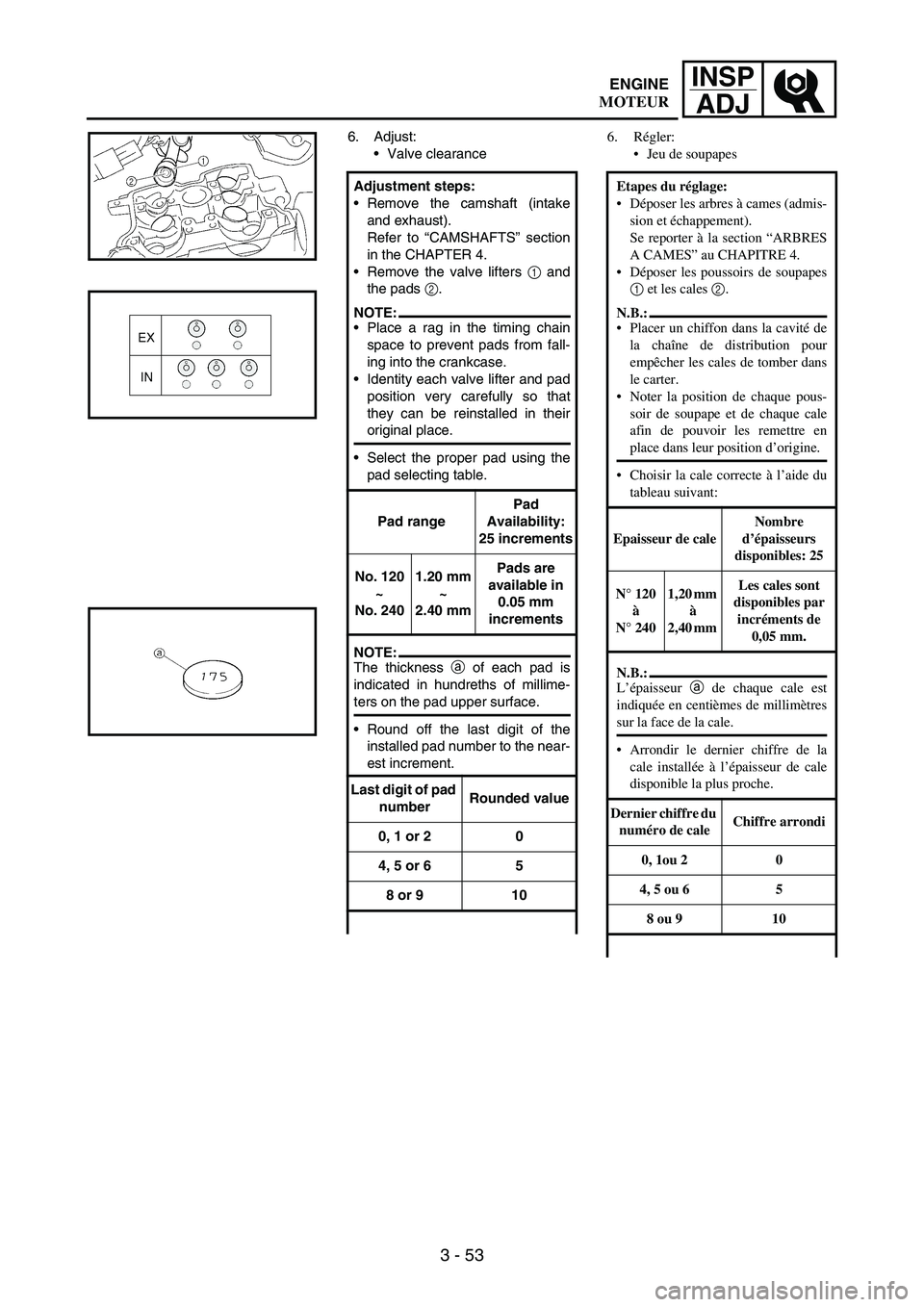 YAMAHA WR 250F 2003 Manuale duso (in Italian) 3 - 53
INSP
ADJ
6. Adjust:
Valve clearance
Adjustment steps:
Remove the camshaft (intake
and exhaust).
Refer to “CAMSHAFTS” section
in the CHAPTER 4.
Remove the valve lifters
1 and
the pads
2 YAMAHA WR 250F 2003 Manuale duso (in Italian) 3 - 53
INSP
ADJ
6. Adjust:
Valve clearance
Adjustment steps:
Remove the camshaft (intake
and exhaust).
Refer to “CAMSHAFTS” section
in the CHAPTER 4.
Remove the valve lifters
1 and
the pads
2