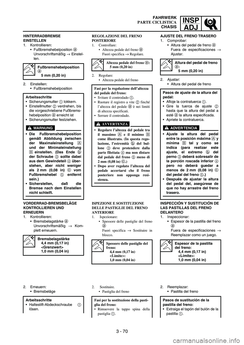 YAMAHA WR 250F 2003 Manuale duso (in Italian) INSP
ADJ
3 - 70
HINTERRADBREMSE
EINSTELLEN
1. Kontrollieren:
Fußbremshebelposition
a
Unvorschriftsmäßig
→ Einstel-
len.
2. Einstellen:
Fußbremshebelposition
Fußbremshebelposition
a
5 mm YAMAHA WR 250F 2003 Manuale duso (in Italian) INSP
ADJ
3 - 70
HINTERRADBREMSE
EINSTELLEN
1. Kontrollieren:
Fußbremshebelposition
a
Unvorschriftsmäßig
→ Einstel-
len.
2. Einstellen:
Fußbremshebelposition
Fußbremshebelposition
a
5 mm