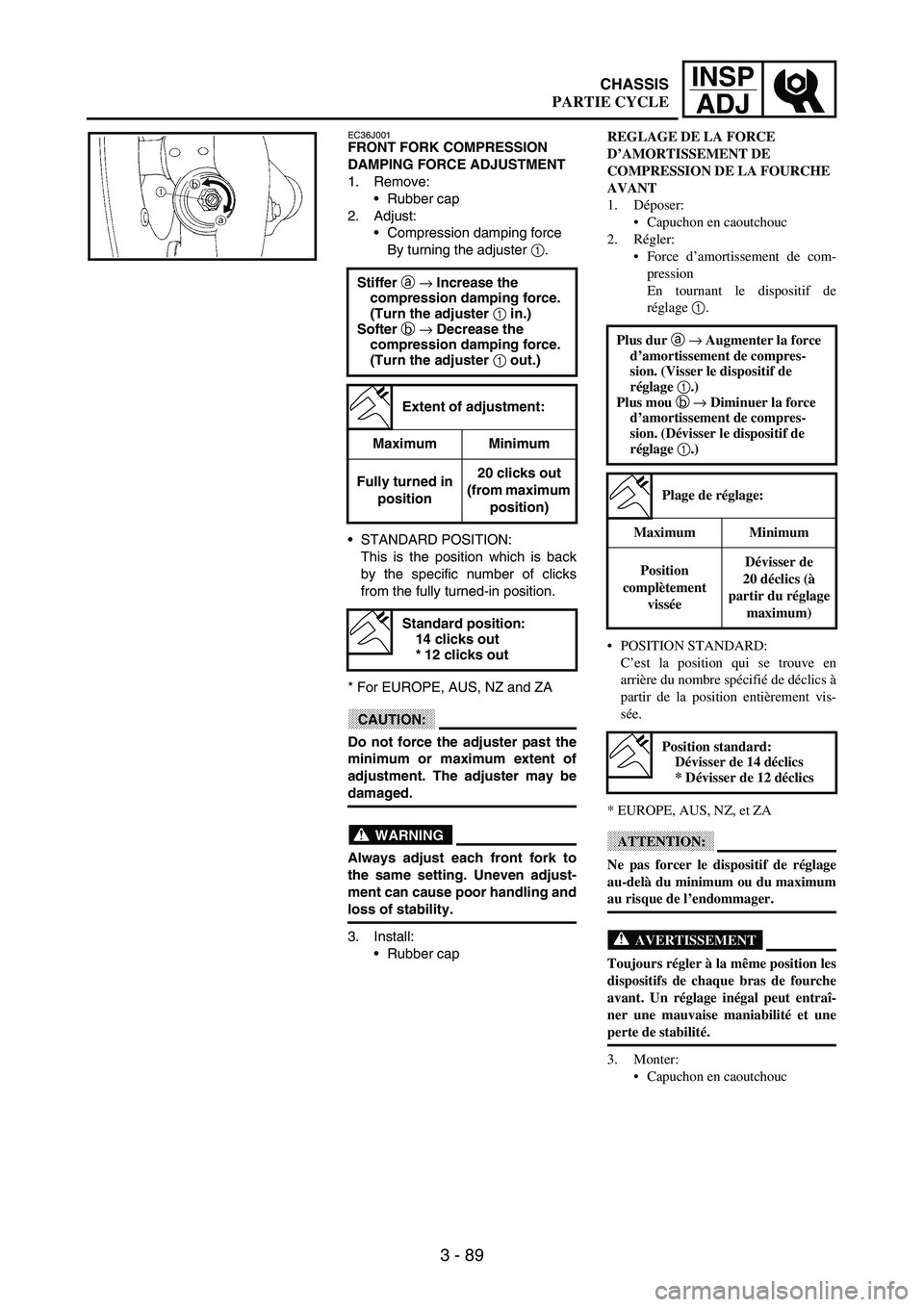 YAMAHA WR 250F 2003 Manuale duso (in Italian) 3 - 89
INSP
ADJ
EC36J001FRONT FORK COMPRESSION
DAMPING FORCE ADJUSTMENT
1. Remove:
Rubber cap
2. Adjust:
Compression damping force
By turning the adjuster
1.
STANDARD POSITION:
This is the positi YAMAHA WR 250F 2003 Manuale duso (in Italian) 3 - 89
INSP
ADJ
EC36J001FRONT FORK COMPRESSION
DAMPING FORCE ADJUSTMENT
1. Remove:
Rubber cap
2. Adjust:
Compression damping force
By turning the adjuster
1.
STANDARD POSITION:
This is the positi
