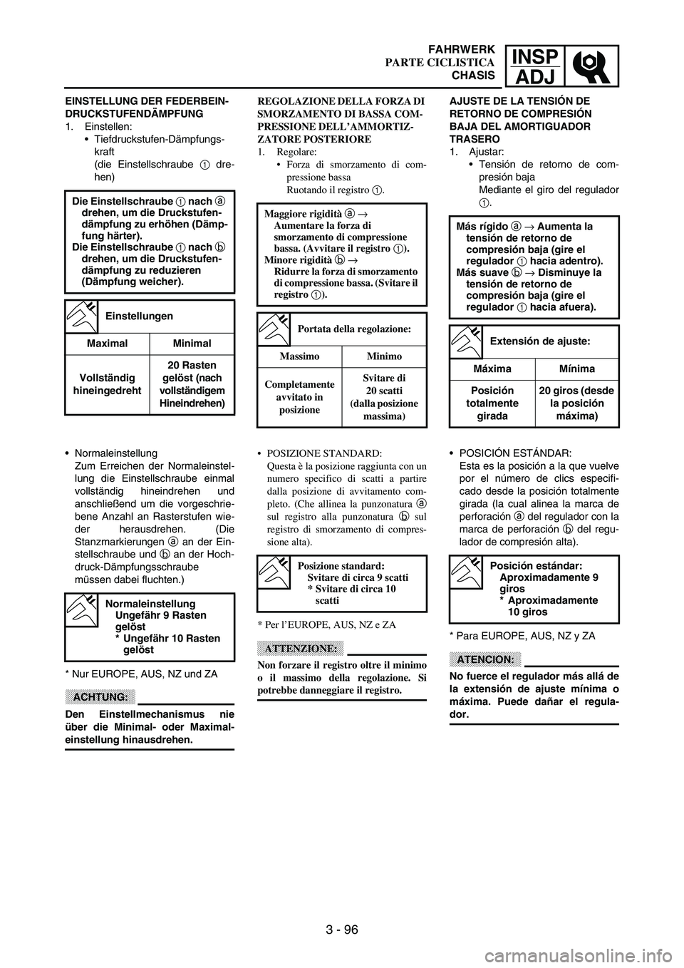 YAMAHA WR 250F 2003 Manuale duso (in Italian) INSP
ADJ
3 - 96
EINSTELLUNG DER FEDERBEIN-
DRUCKSTUFENDÄMPFUNG
1. Einstellen:
Tiefdruckstufen-Dämpfungs-
kraft
(die Einstellschraube
1 dre-
hen)
Die Einstellschraube 1 nach a
drehen, um die Druck YAMAHA WR 250F 2003 Manuale duso (in Italian) INSP
ADJ
3 - 96
EINSTELLUNG DER FEDERBEIN-
DRUCKSTUFENDÄMPFUNG
1. Einstellen:
Tiefdruckstufen-Dämpfungs-
kraft
(die Einstellschraube
1 dre-
hen)
Die Einstellschraube 1 nach a
drehen, um die Druck