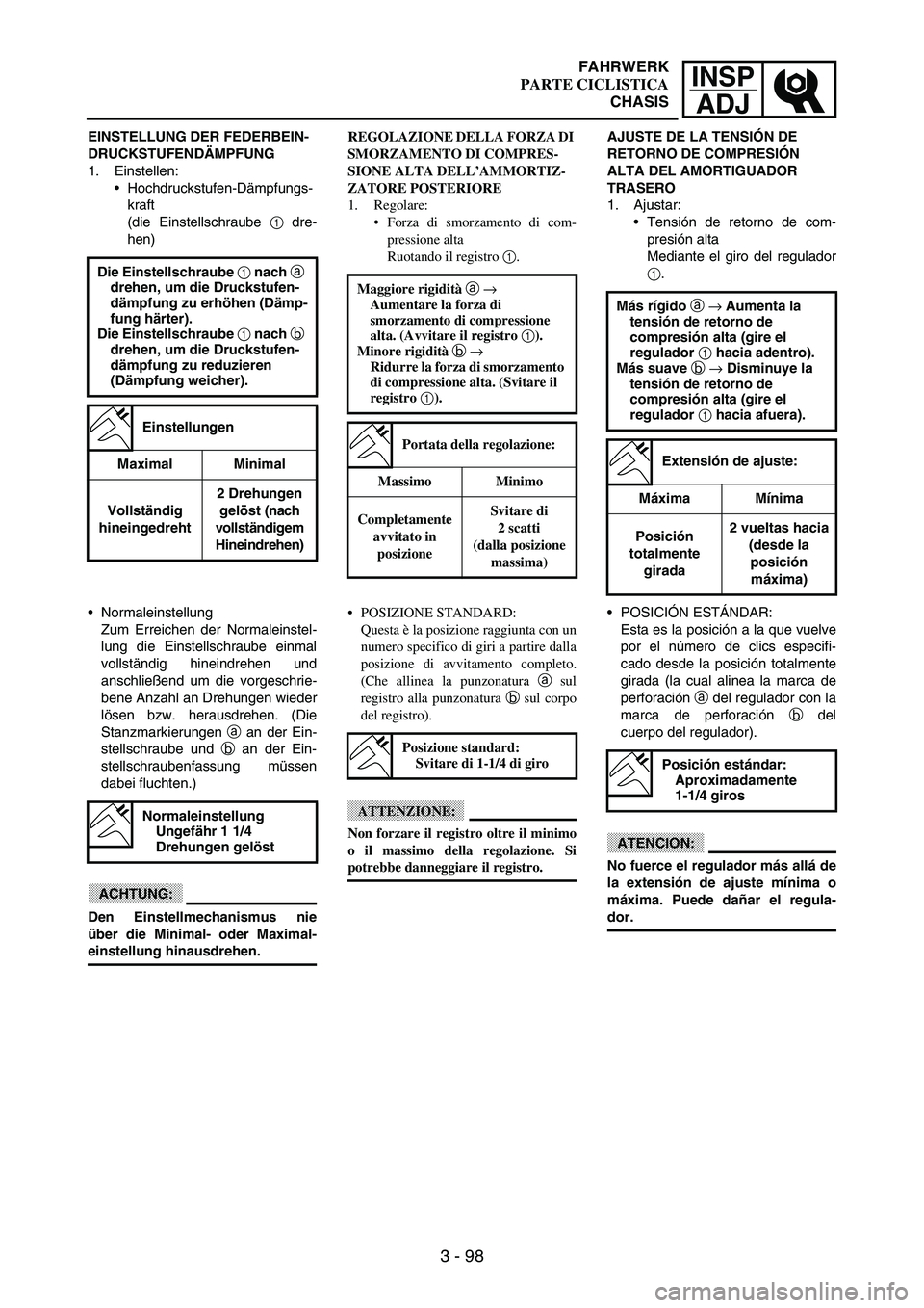 YAMAHA WR 250F 2003 Manuale duso (in Italian) INSP
ADJ
3 - 98
EINSTELLUNG DER FEDERBEIN-
DRUCKSTUFENDÄMPFUNG
1. Einstellen:
Hochdruckstufen-Dämpfungs-
kraft
(die Einstellschraube
1 dre-
hen)
Die Einstellschraube 1 nach a
drehen, um die Druck YAMAHA WR 250F 2003 Manuale duso (in Italian) INSP
ADJ
3 - 98
EINSTELLUNG DER FEDERBEIN-
DRUCKSTUFENDÄMPFUNG
1. Einstellen:
Hochdruckstufen-Dämpfungs-
kraft
(die Einstellschraube
1 dre-
hen)
Die Einstellschraube 1 nach a
drehen, um die Druck