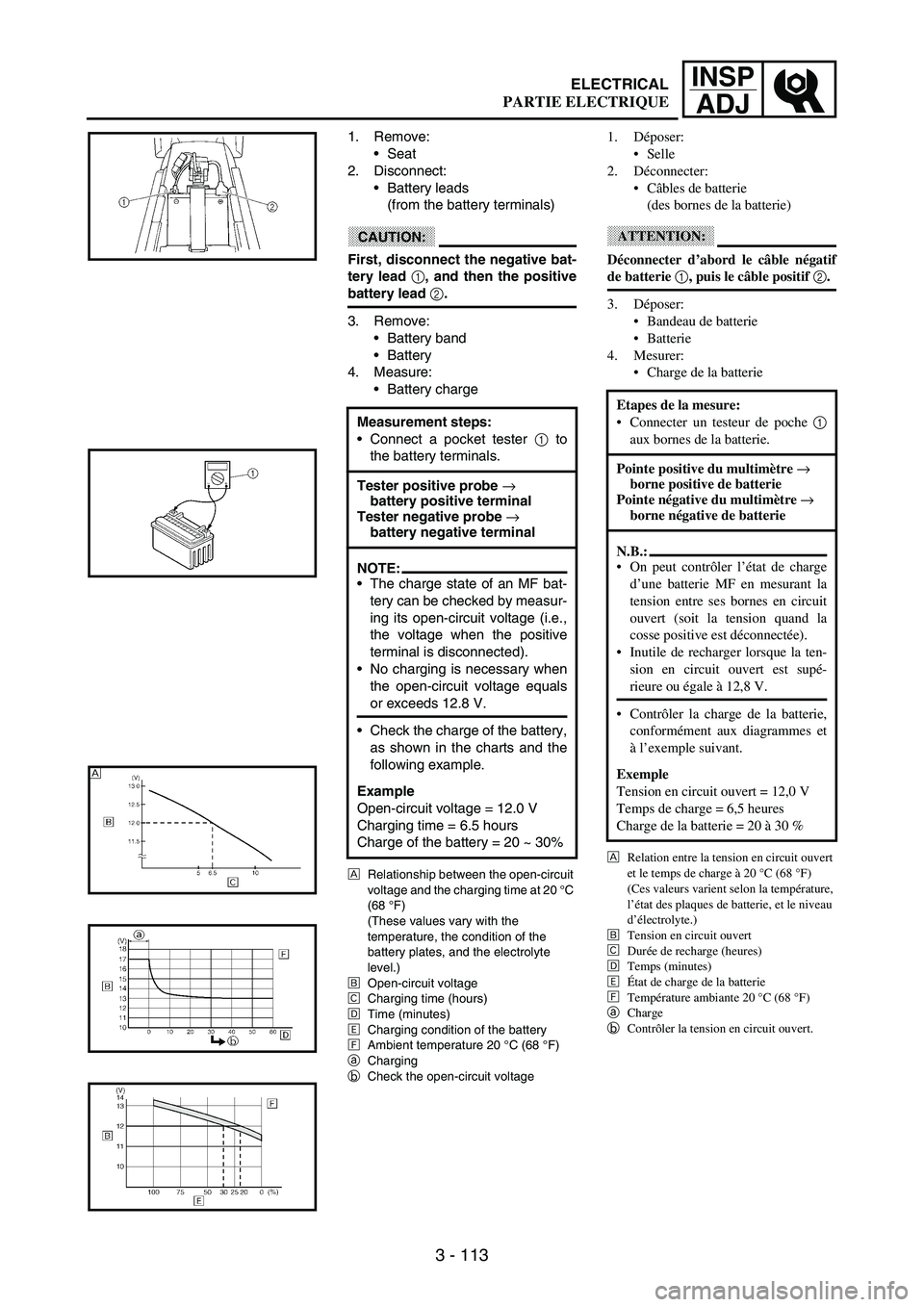 YAMAHA WR 250F 2003 Manuale duso (in Italian) 3 - 113
INSP
ADJ
1. Remove:
Seat
2. Disconnect:
Battery leads
(from the battery terminals)
CAUTION:
First, disconnect the negative bat-
tery lead 1, and then the positive
battery lead 2.
3. Remove YAMAHA WR 250F 2003 Manuale duso (in Italian) 3 - 113
INSP
ADJ
1. Remove:
Seat
2. Disconnect:
Battery leads
(from the battery terminals)
CAUTION:
First, disconnect the negative bat-
tery lead 1, and then the positive
battery lead 2.
3. Remove