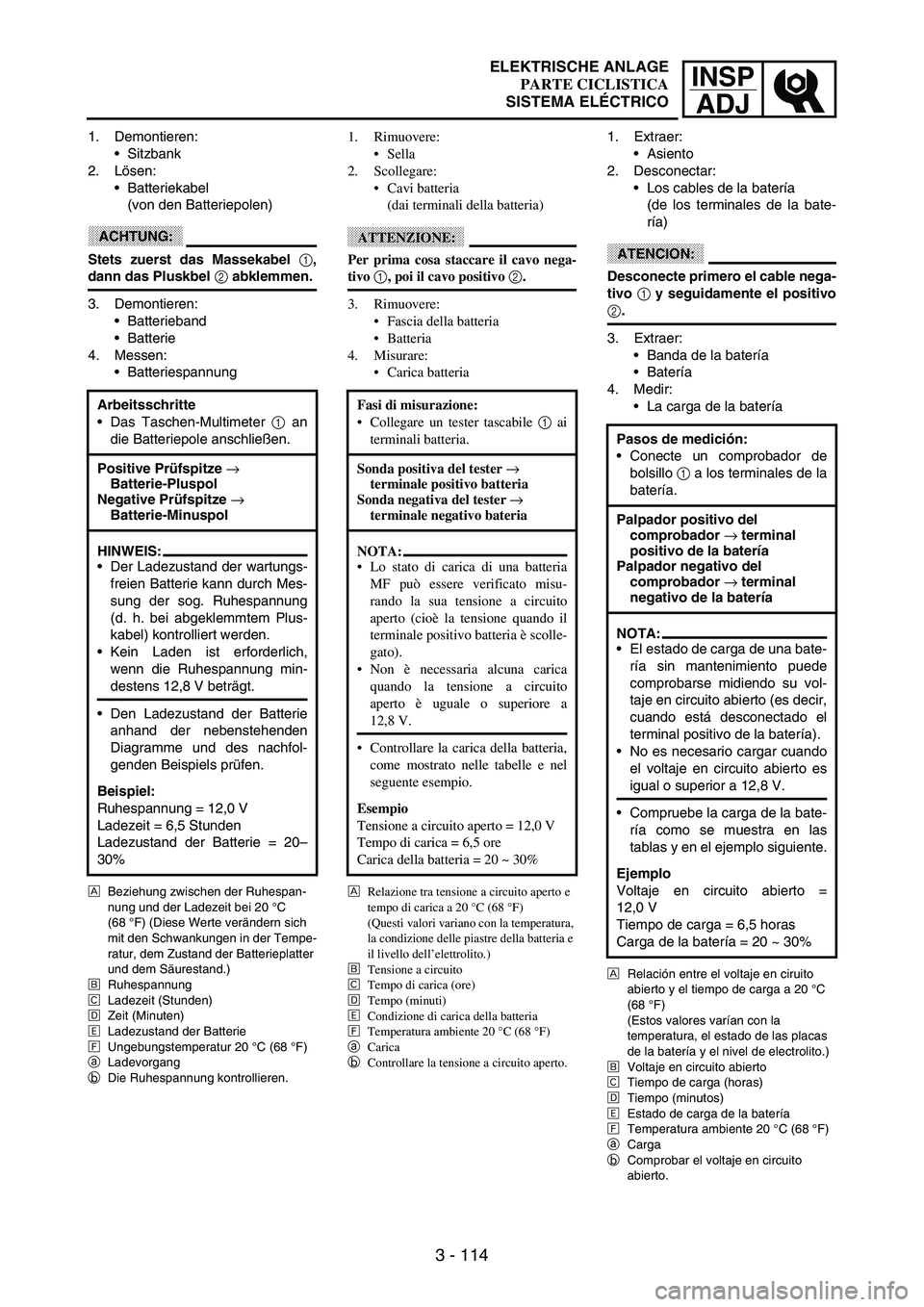 YAMAHA WR 250F 2003 Manuale duso (in Italian) INSP
ADJ
3 - 114
1. Demontieren:
Sitzbank
2. Lösen:
Batteriekabel
(von den Batteriepolen)
ACHTUNG:
Stets zuerst das Massekabel 1,
dann das Pluskbel 2 abklemmen.
3. Demontieren:
Batterieband
B YAMAHA WR 250F 2003 Manuale duso (in Italian) INSP
ADJ
3 - 114
1. Demontieren:
Sitzbank
2. Lösen:
Batteriekabel
(von den Batteriepolen)
ACHTUNG:
Stets zuerst das Massekabel 1,
dann das Pluskbel 2 abklemmen.
3. Demontieren:
Batterieband
B