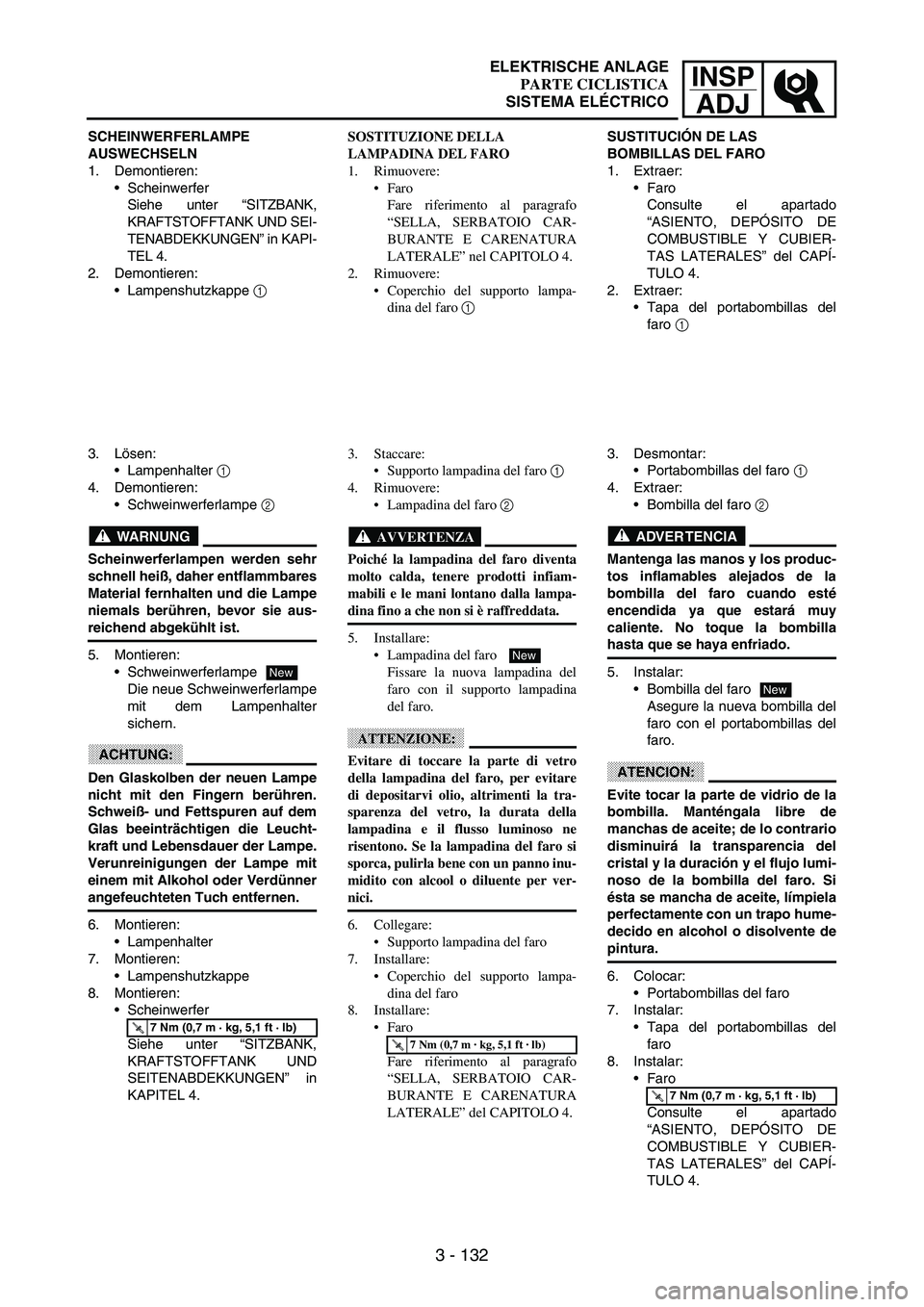 YAMAHA WR 250F 2003 Manuale duso (in Italian) INSP
ADJ
3 - 132
SCHEINWERFERLAMPE
AUSWECHSELN
1. Demontieren:
Scheinwerfer
Siehe unter “SITZBANK,
KRAFTSTOFFTANK UND SEI-
TENABDEKKUNGEN” in KAPI-
TEL 4.
2. Demontieren:
Lampenshutzkappe
1
3 YAMAHA WR 250F 2003 Manuale duso (in Italian) INSP
ADJ
3 - 132
SCHEINWERFERLAMPE
AUSWECHSELN
1. Demontieren:
Scheinwerfer
Siehe unter “SITZBANK,
KRAFTSTOFFTANK UND SEI-
TENABDEKKUNGEN” in KAPI-
TEL 4.
2. Demontieren:
Lampenshutzkappe
1
3