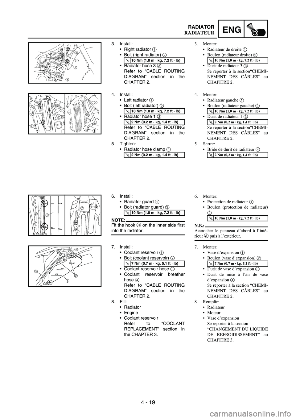 YAMAHA WR 250F 2003 Manuale duso (in Italian) 4 - 19
ENGRADIATOR
3. Install:
Right radiator
1
Bolt (right radiator)
2
Radiator hose 3
3
Refer to “CABLE ROUTING
DIAGRAM” section in the
CHAPTER 2.
T R..10 Nm (1.0 m · kg, 7.2 ft · lb) YAMAHA WR 250F 2003 Manuale duso (in Italian) 4 - 19
ENGRADIATOR
3. Install:
Right radiator
1
Bolt (right radiator)
2
Radiator hose 3
3
Refer to “CABLE ROUTING
DIAGRAM” section in the
CHAPTER 2.
T R..10 Nm (1.0 m · kg, 7.2 ft · lb)
