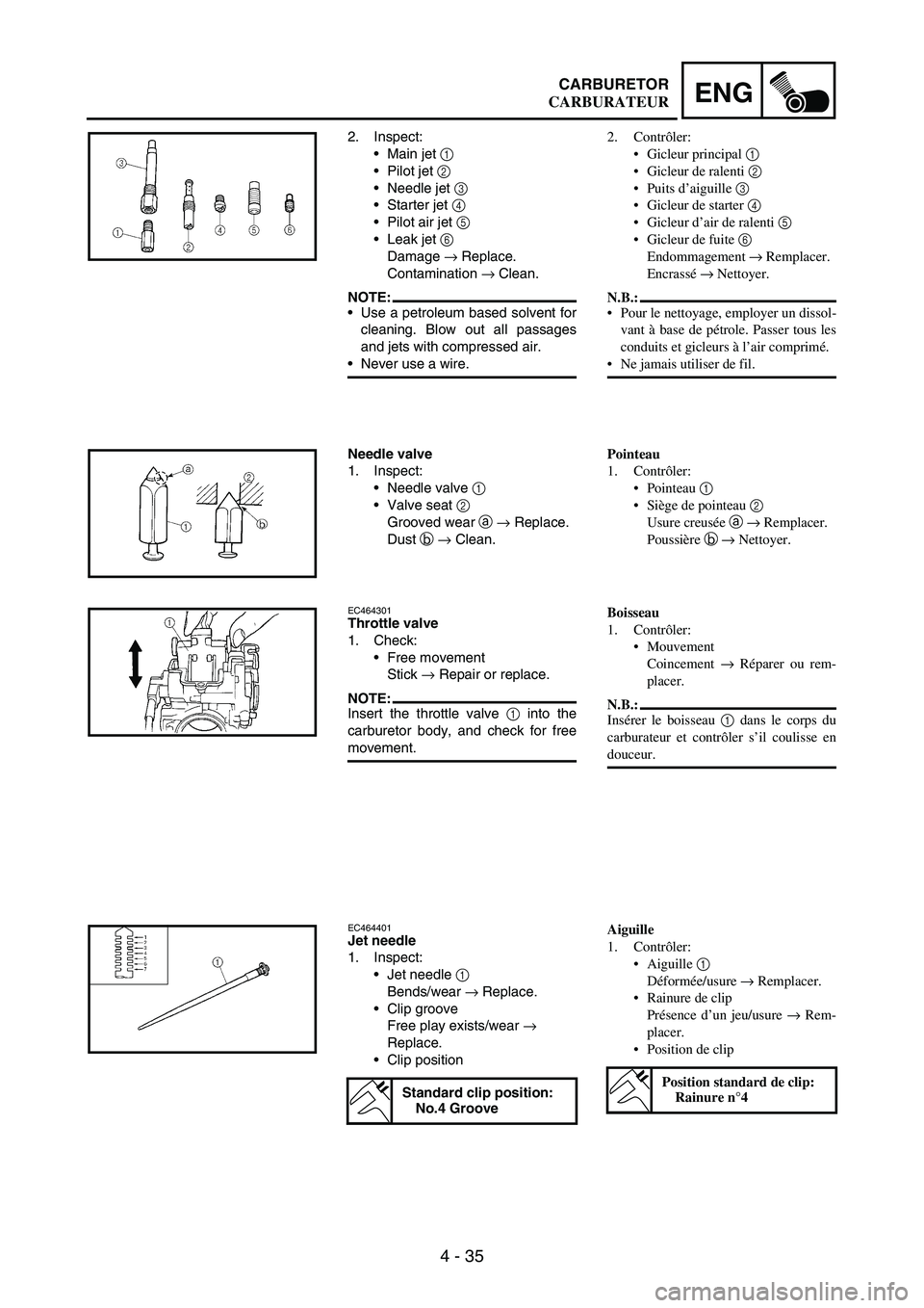 YAMAHA WR 250F 2003 Manuale duso (in Italian) 4 - 35
ENGCARBURETOR
2. Inspect:
Main jet
1
Pilot jet
2
Needle jet
3
Starter jet
4
Pilot air jet
5
Leak jet
6
Damage
→ Replace.
Contamination
→ Clean.
NOTE:Use a petroleum bas YAMAHA WR 250F 2003 Manuale duso (in Italian) 4 - 35
ENGCARBURETOR
2. Inspect:
Main jet
1
Pilot jet
2
Needle jet
3
Starter jet
4
Pilot air jet
5
Leak jet
6
Damage
→ Replace.
Contamination
→ Clean.
NOTE:Use a petroleum bas