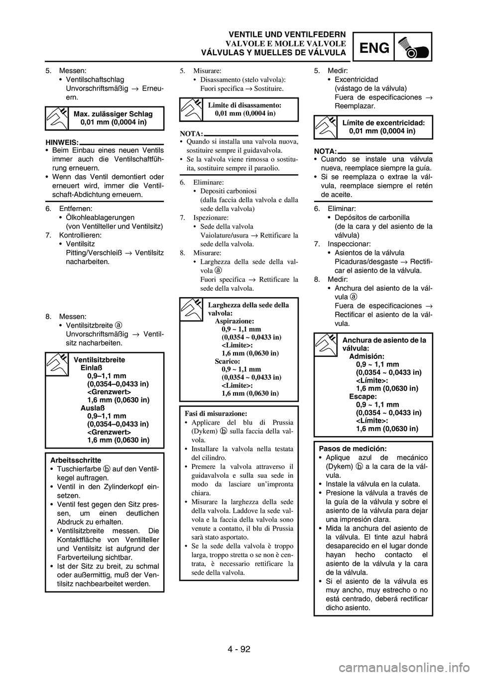 YAMAHA WR 250F 2003 Manuale duso (in Italian) 4 - 92
ENG
5. Messen:
Ventilschaftschlag
Unvorschriftsmäßig
→ Erneu-
ern.
HINWEIS:
Beim Einbau eines neuen Ventils
immer auch die Ventilschaftfüh-
rung erneuern.
Wenn das Ventil demontiert od YAMAHA WR 250F 2003 Manuale duso (in Italian) 4 - 92
ENG
5. Messen:
Ventilschaftschlag
Unvorschriftsmäßig
→ Erneu-
ern.
HINWEIS:
Beim Einbau eines neuen Ventils
immer auch die Ventilschaftfüh-
rung erneuern.
Wenn das Ventil demontiert od
