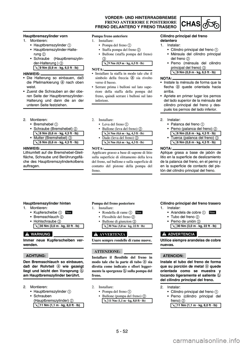 YAMAHA WR 250F 2003 Manuale duso (in Italian) 5 - 52
CHAS
Hauptbremszylinder vorn
1. Montieren:
Hauptbremszylinder
1
Hauptbremszylinder-Halte-
rung
2
Schraube (Hauptbremszylin-
der-Halterung )
3
HINWEIS:
Die Halterung so einbauen, daß
YAMAHA WR 250F 2003 Manuale duso (in Italian) 5 - 52
CHAS
Hauptbremszylinder vorn
1. Montieren:
Hauptbremszylinder
1
Hauptbremszylinder-Halte-
rung
2
Schraube (Hauptbremszylin-
der-Halterung )
3
HINWEIS:
Die Halterung so einbauen, daß