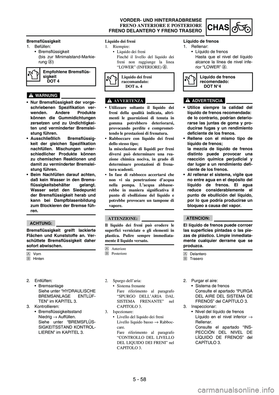 YAMAHA WR 250F 2003 Manuale duso (in Italian) 5 - 58
CHAS
Bremsflüssigkeit
1. Befüllen:
Bremsflüssigkeit
(bis zur Minimalstand-Markie-
rung
a)
WARNUNG
Nur Bremsflüssigkeit der vorge-
schriebenen Spezifikation ver-
wenden. Andere Produkte
k YAMAHA WR 250F 2003 Manuale duso (in Italian) 5 - 58
CHAS
Bremsflüssigkeit
1. Befüllen:
Bremsflüssigkeit
(bis zur Minimalstand-Markie-
rung
a)
WARNUNG
Nur Bremsflüssigkeit der vorge-
schriebenen Spezifikation ver-
wenden. Andere Produkte
k
