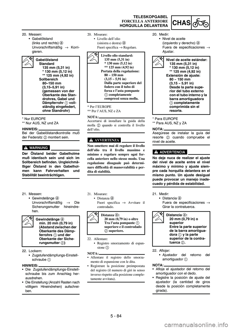 YAMAHA WR 250F 2003 Manuale duso (in Italian) 5 - 84
CHAS
20. Messen:
Gabelölstand
(links und rechts)
a
Unvorschriftsmäßig
→ Korri-
gieren.
* Nur EUROPE
** Nur AUS, NZ und ZA
HINWEIS:
Bei der Gabelölstandkontrolle muß
der Federsitz
2 YAMAHA WR 250F 2003 Manuale duso (in Italian) 5 - 84
CHAS
20. Messen:
Gabelölstand
(links und rechts)
a
Unvorschriftsmäßig
→ Korri-
gieren.
* Nur EUROPE
** Nur AUS, NZ und ZA
HINWEIS:
Bei der Gabelölstandkontrolle muß
der Federsitz
2