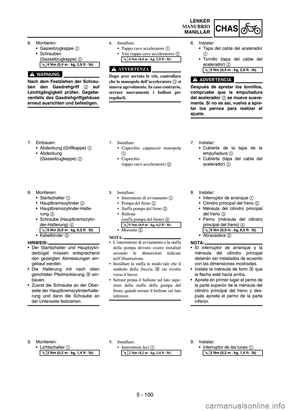 YAMAHA WR 250F 2003 Manuale duso (in Italian) 5 - 100
CHAS
6. Montieren:
Gasseilzugkappe
1
Schrauben
(Gasseilzugkappe)
2
WARNUNG
Nach dem Festziehen der Schrau-
ben den Gasdrehgriff 3 auf
Leichtgängigkeit prüfen. Gegebe-
nenfalls das Gas YAMAHA WR 250F 2003 Manuale duso (in Italian) 5 - 100
CHAS
6. Montieren:
Gasseilzugkappe
1
Schrauben
(Gasseilzugkappe)
2
WARNUNG
Nach dem Festziehen der Schrau-
ben den Gasdrehgriff 3 auf
Leichtgängigkeit prüfen. Gegebe-
nenfalls das Gas