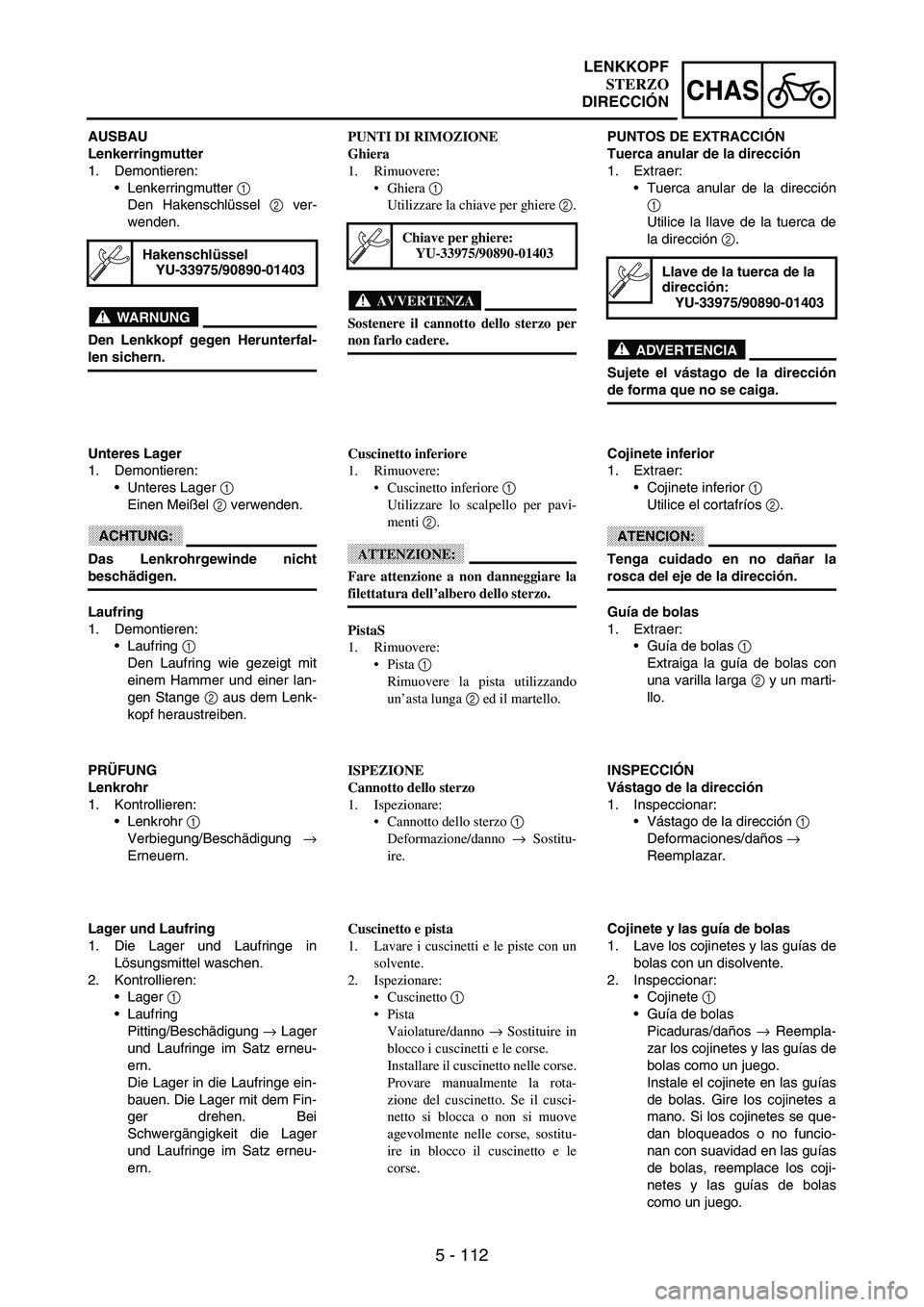 YAMAHA WR 250F 2003 Manuale duso (in Italian) 5 - 112
CHAS
AUSBAU
Lenkerringmutter
1. Demontieren:
Lenkerringmutter
1
Den Hakenschlüssel
2 ver-
wenden.
WARNUNG
Den Lenkkopf gegen Herunterfal-
len sichern.
Hakenschlüssel
YU-33975/90890-01403 YAMAHA WR 250F 2003 Manuale duso (in Italian) 5 - 112
CHAS
AUSBAU
Lenkerringmutter
1. Demontieren:
Lenkerringmutter
1
Den Hakenschlüssel
2 ver-
wenden.
WARNUNG
Den Lenkkopf gegen Herunterfal-
len sichern.
Hakenschlüssel
YU-33975/90890-01403